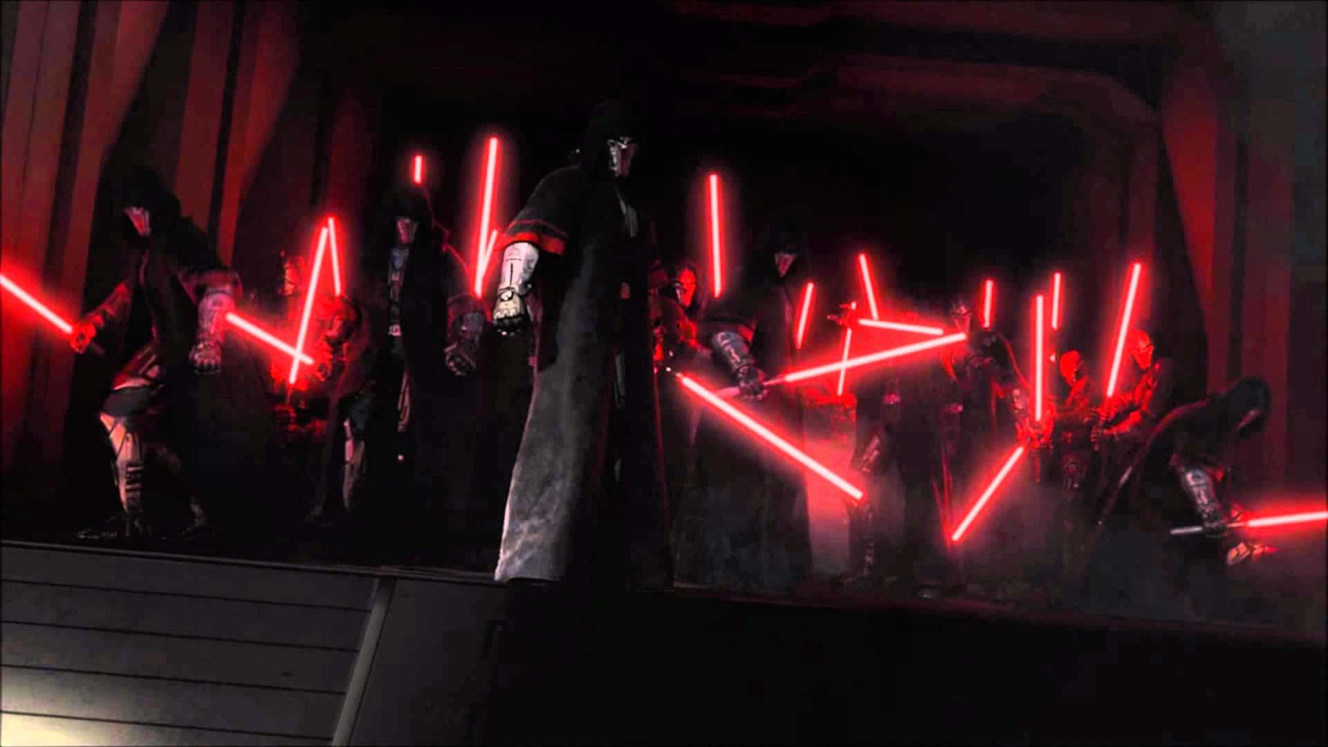 Lightsaber Duel 桌布 壁紙 — 一個身穿黑袍的西斯尊主站在舞台中央，紅色光劍閃耀，被他的黑暗軍隊包圍在一個昏暗、不祥的房間中。