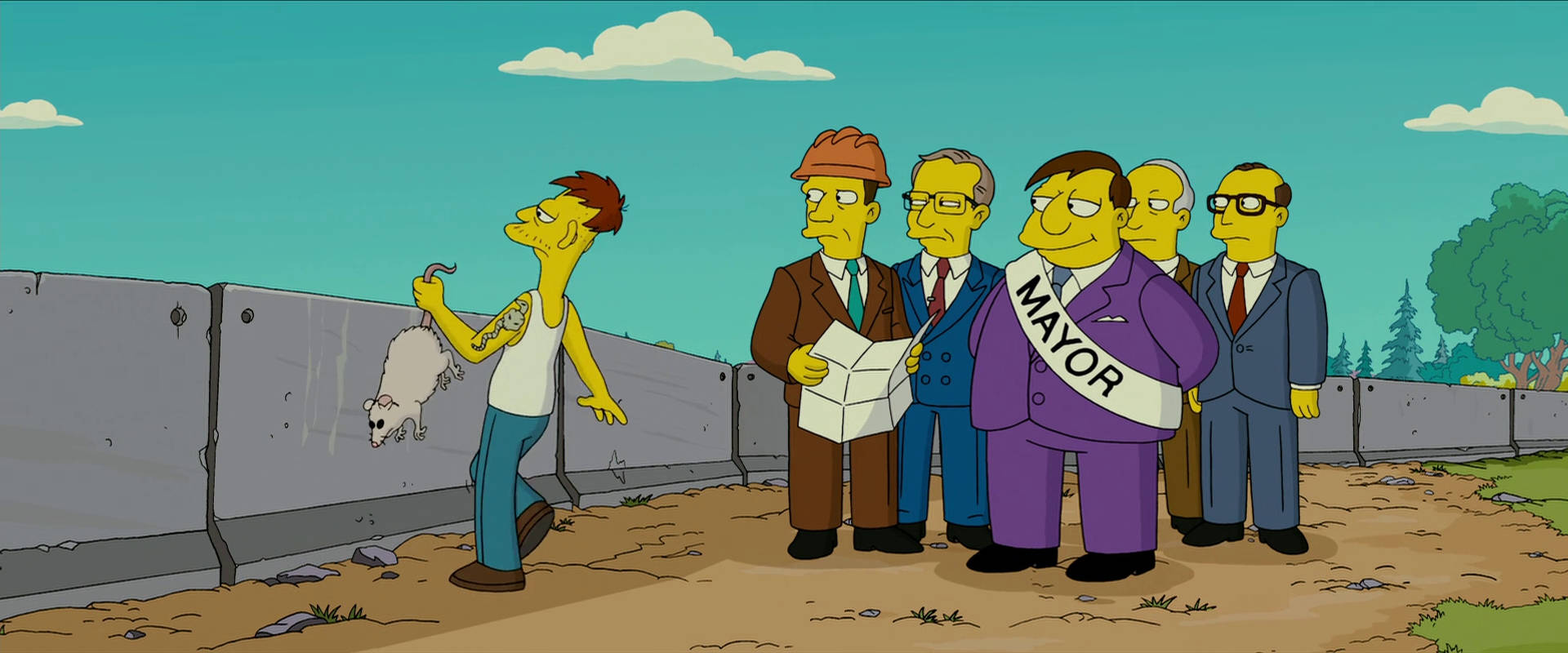 Simpsons Aesthetic 桌布 壁紙 — 一個辛普森家庭角色憤怒地向一隻小狗做手勢，而一群穿著西裝的男人（包括市長）在混凝土屏障後觀看。