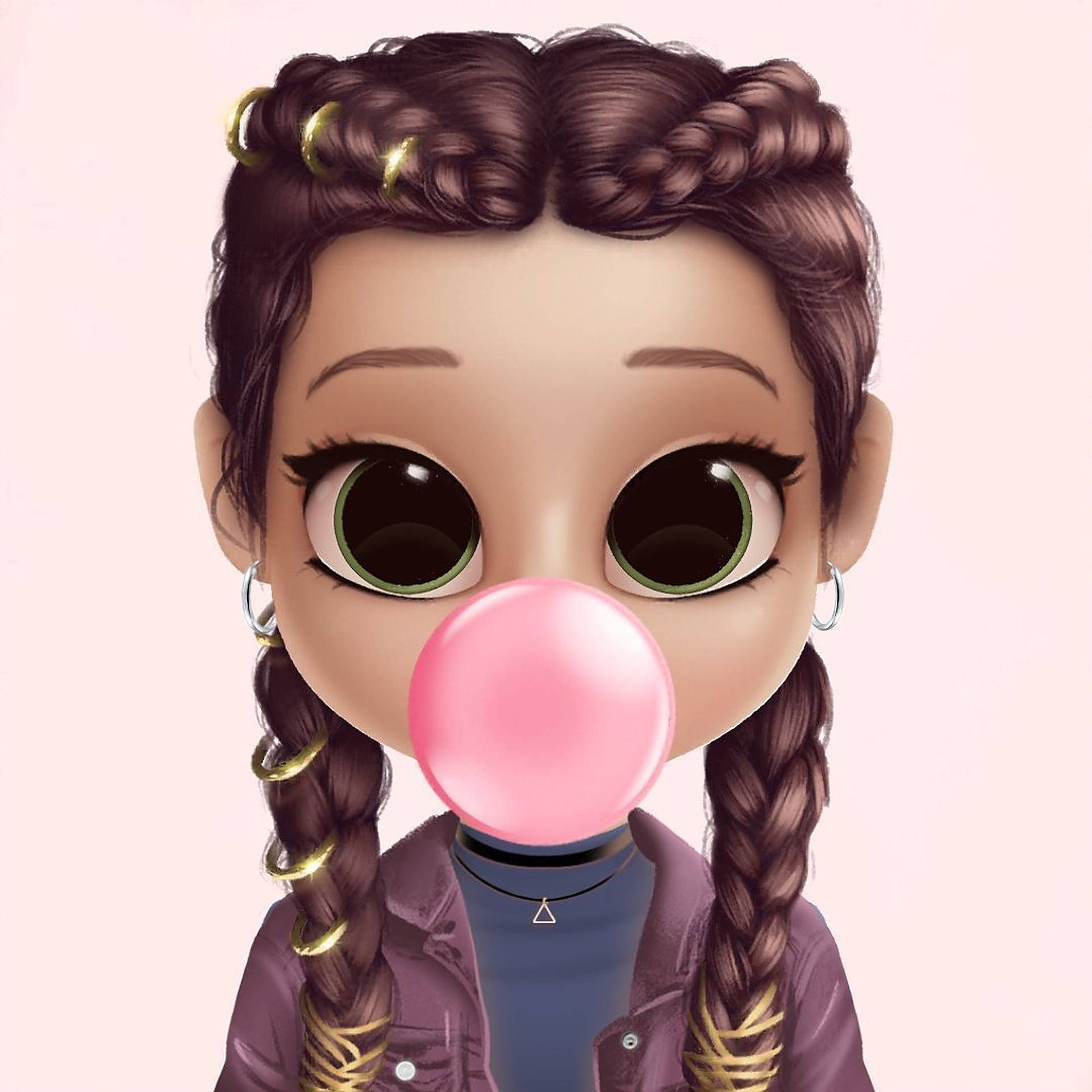 Profile 桌布 壁紙 — 一個辮子動漫風格女孩在柔和的粉紅色背景上吹出一個巨大的粉紅色泡泡糖泡泡。