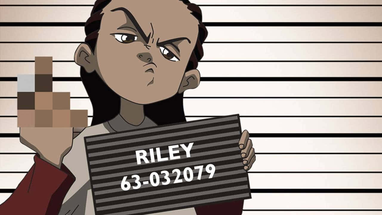 Riley Freeman 桌布 壁紙 — 一個辮子動畫角色拿著寫有「RILEY 63-032079」的嫌疑犯照片板，同時挑釁地指向鏡頭。