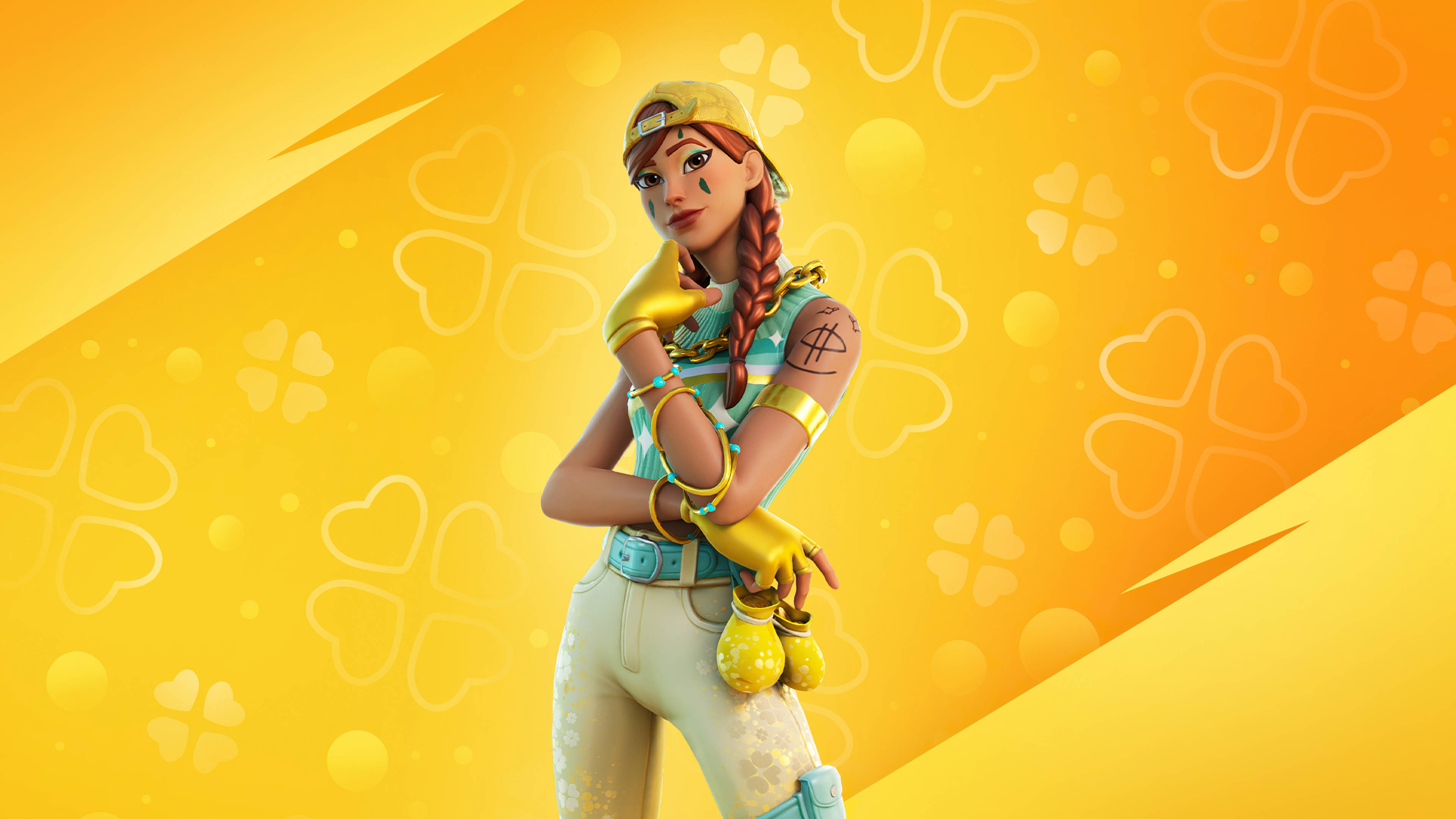 Fortnite iPad 桌布 壁紙 — 一個辮子頭髮、佩戴金色配飾的Fortnite角色，自信地站在充滿愛心和四葉草圖案的鮮黃色背景前。