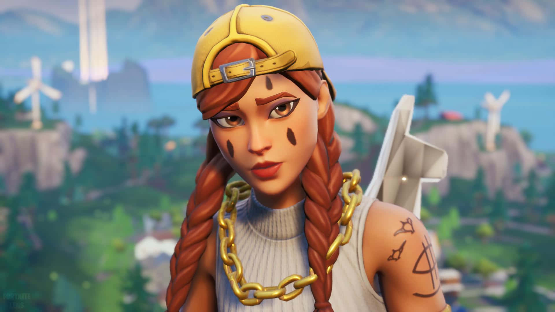 Fortnite 桌布 壁紙 — 一個辮子頭髮、戴著黃色帽子的Fortnite角色，站在一個有風力渦輪機和遠處山丘的充滿活力的遊戲景觀中。