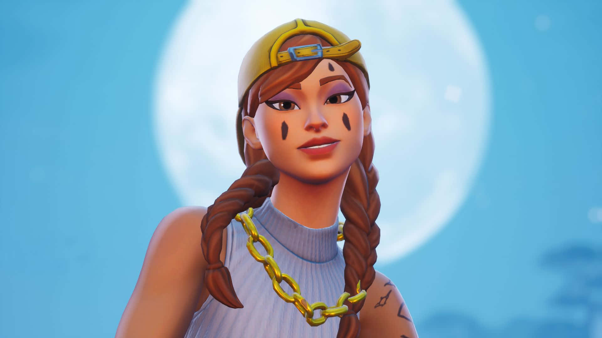 Fortnite 桌布 壁紙 — 一個辮子頭髮、戴金鏈的Fortnite角色站在明亮藍天下發光的月亮前。