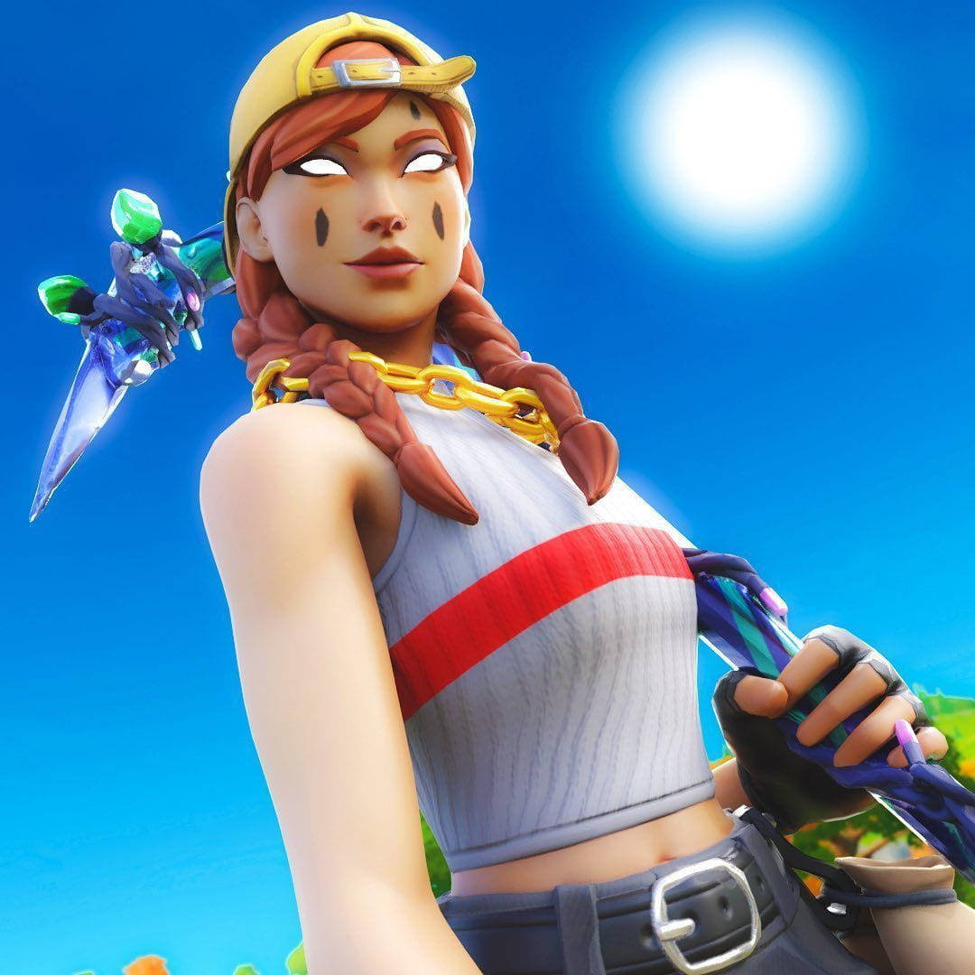 電玩遊戲 桌布 壁紙 — 一個辮子頭髮、戴黃色帽子的Fortnite角色，在明亮的藍天下握著一把發光的劍。