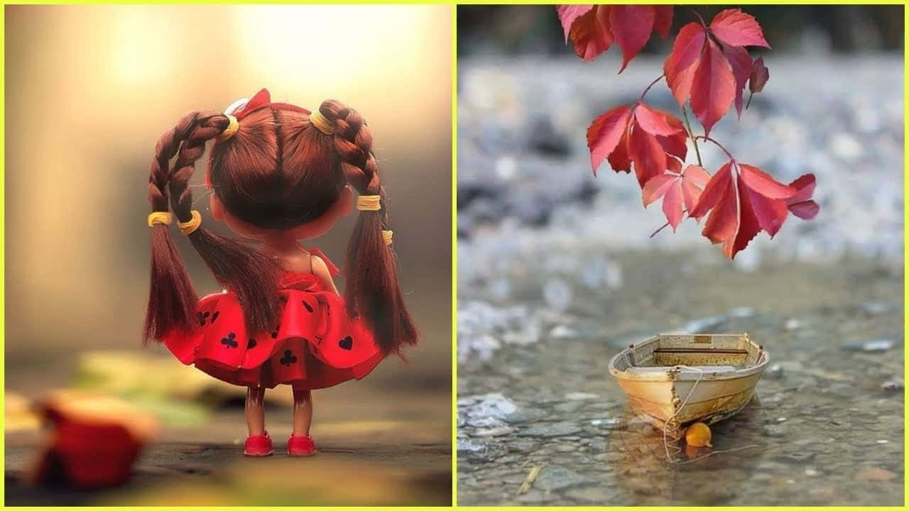 Whatsapp Dp 桌布 壁紙 — 一個辮子頭髮、穿著紅色連衣裙的洋娃娃站在一艘小船旁邊，上方是紅色的秋葉。