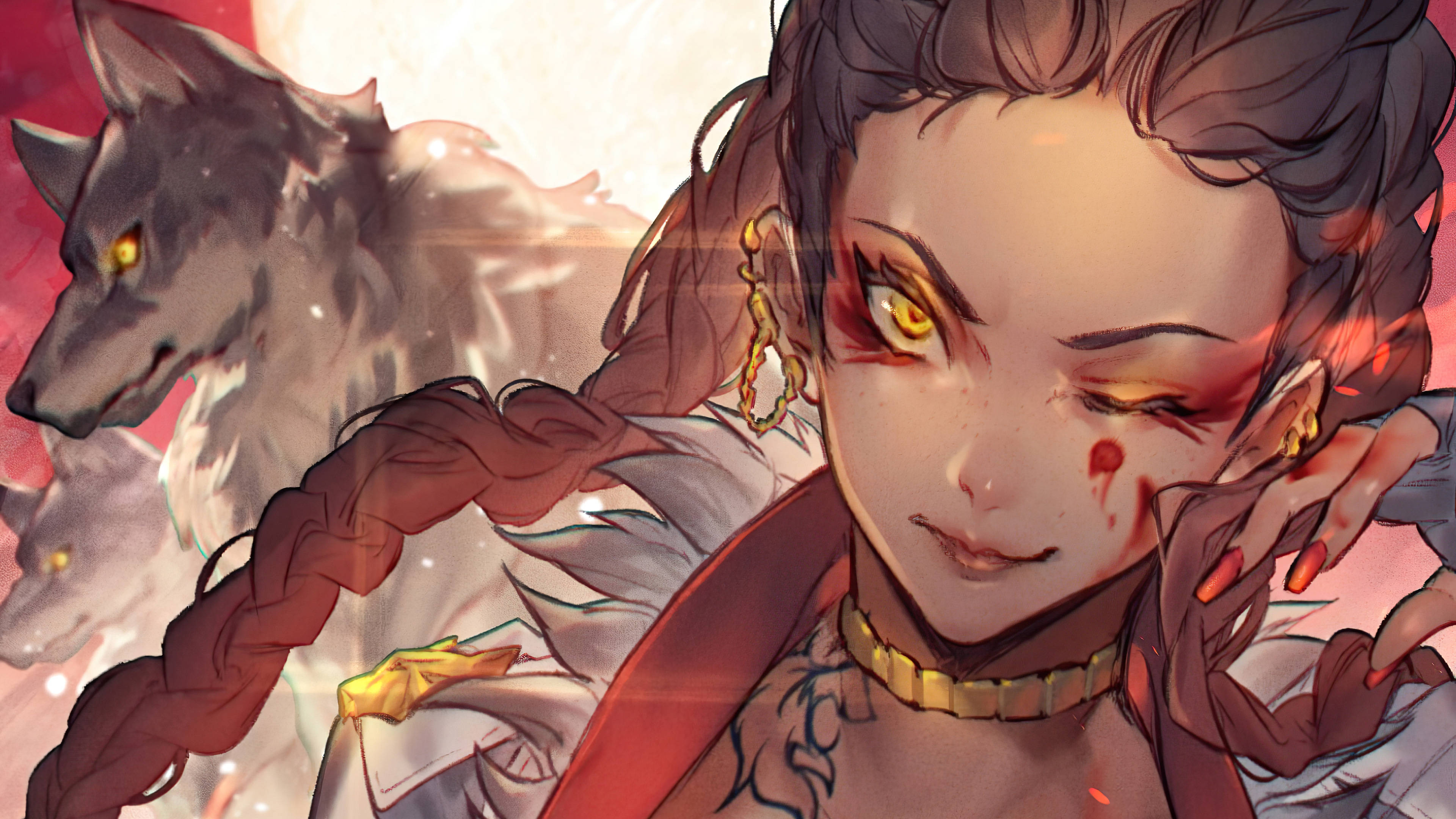 動漫女孩與狼和發光眼睛，背景火紅。 — Apex 英雄 GIF 壁紙