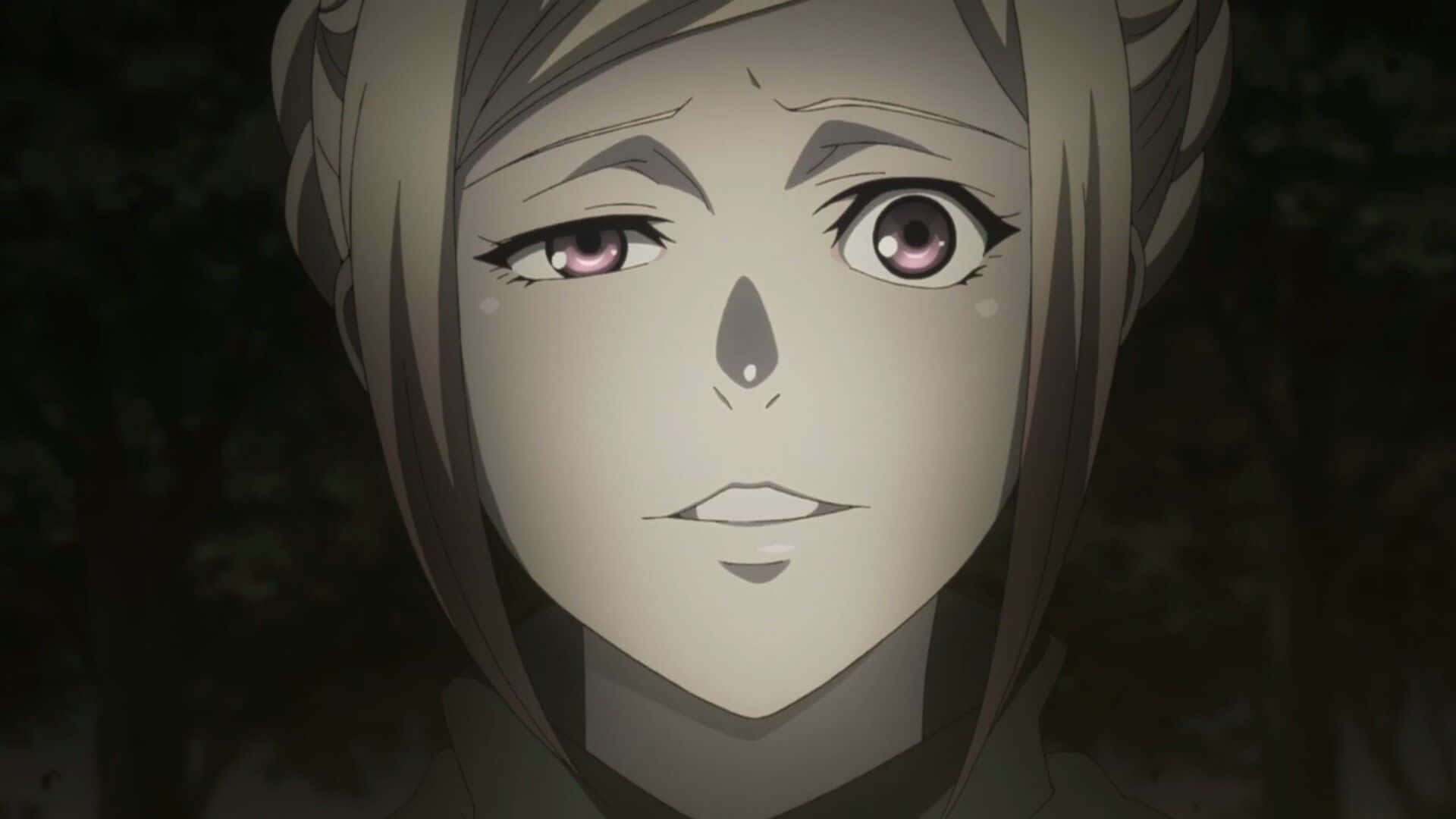 Kureo Mado 桌布 壁紙 — 一個辮子頭髮和紫色眼睛的動漫女孩特寫，在夜晚的黑暗森林中專注地凝視。