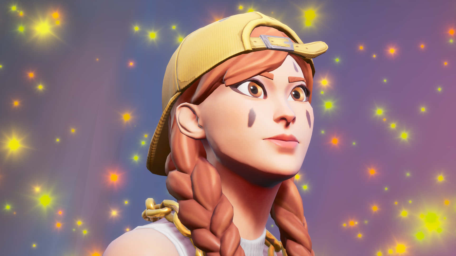Fortnite 桌布 壁紙 — 一個辮子頭髮戴著帽子的Fortnite角色，仰望繁星點點的紫色和藍色天空。