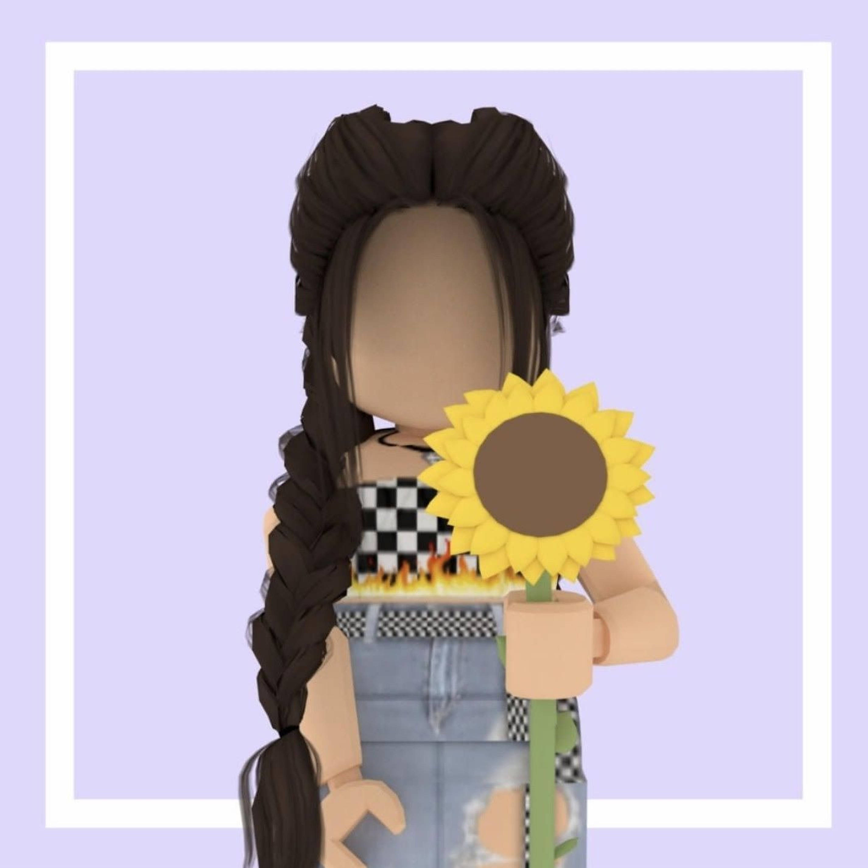 Roblox 女孩 桌布 壁紙 — 一個辮子頭髮的 Roblox 頭像，在柔和的薰衣草背景前拿著一朵向日葵。