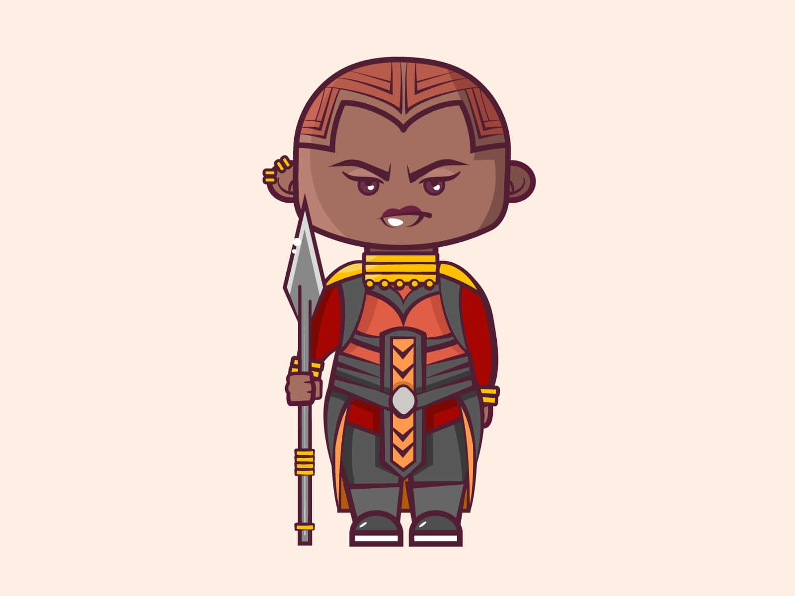 Okoye 桌布 壁紙 — 一個辮子頭髮的Q版戰士，穿著華麗的紅金色盔甲，手持長矛，背景是柔和的米色。