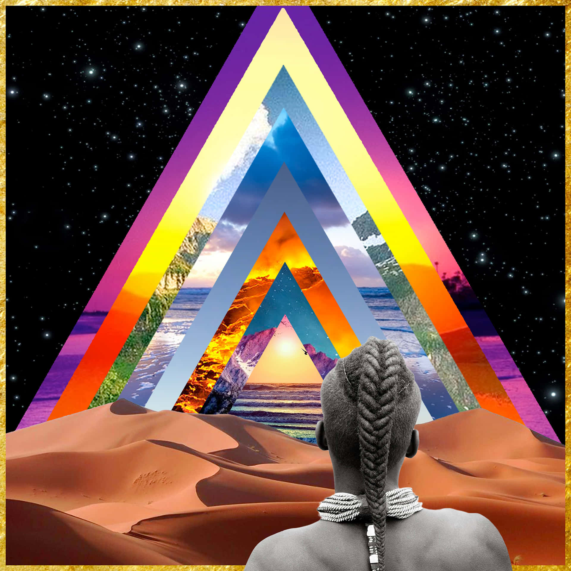 Afrofuturism 桌布 壁紙 — 一個辮子頭髮的人站在沙漠中，凝視著一個由嵌套彩虹三角形組成的宇宙門戶，在星空背景下顯現出層疊的日落和海洋。