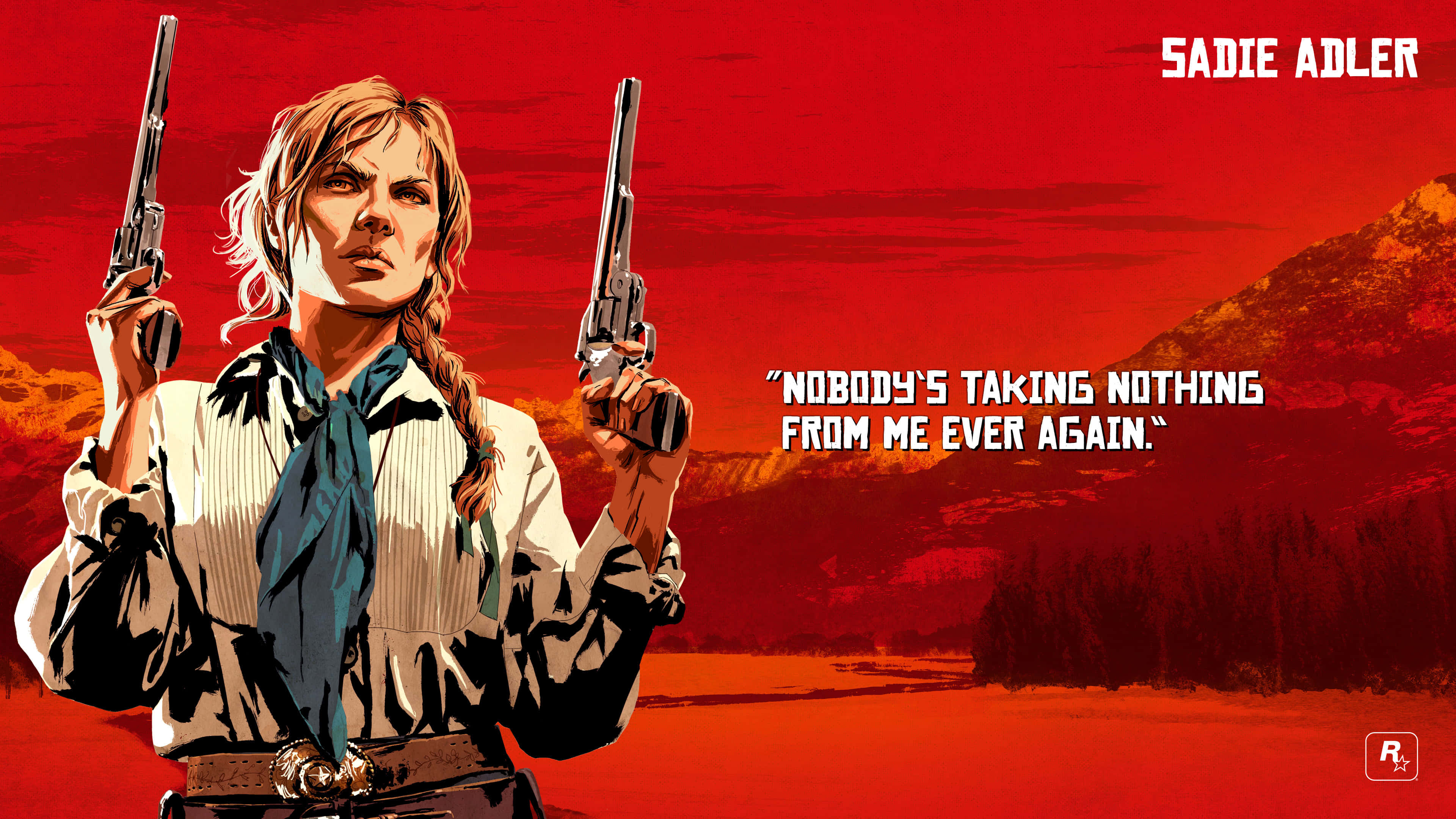 Best Red Dead Redemption 2 桌布 壁紙 — 一個辮子頭髮的兇猛女人，在火紅的日落背景下，於多山的沙漠景觀中手持兩把左輪手槍。
