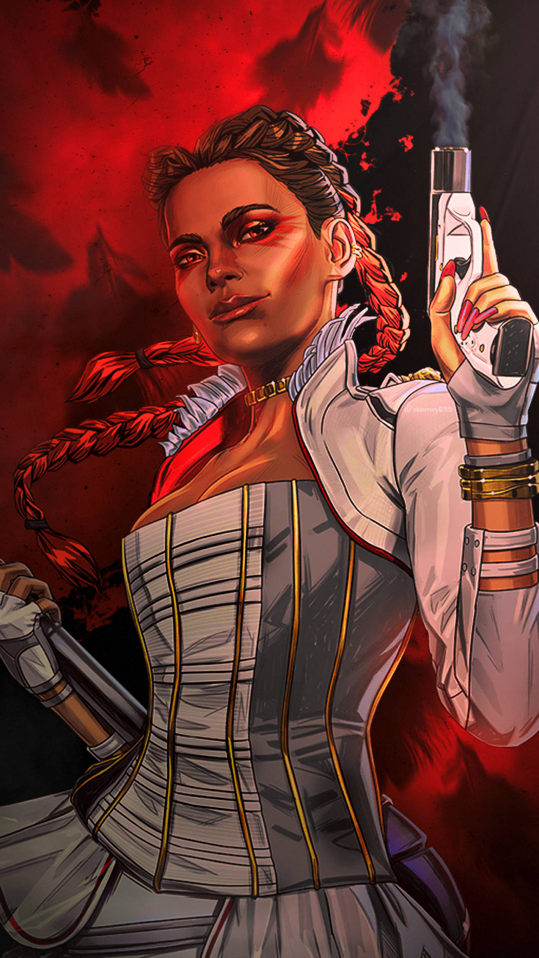 Apex Legends Mobile 桌布 壁紙 — 一個辮子頭髮的兇猛女人，在火紅背景下手持冒煙手槍，呈現戲劇性的動漫風格肖像。
