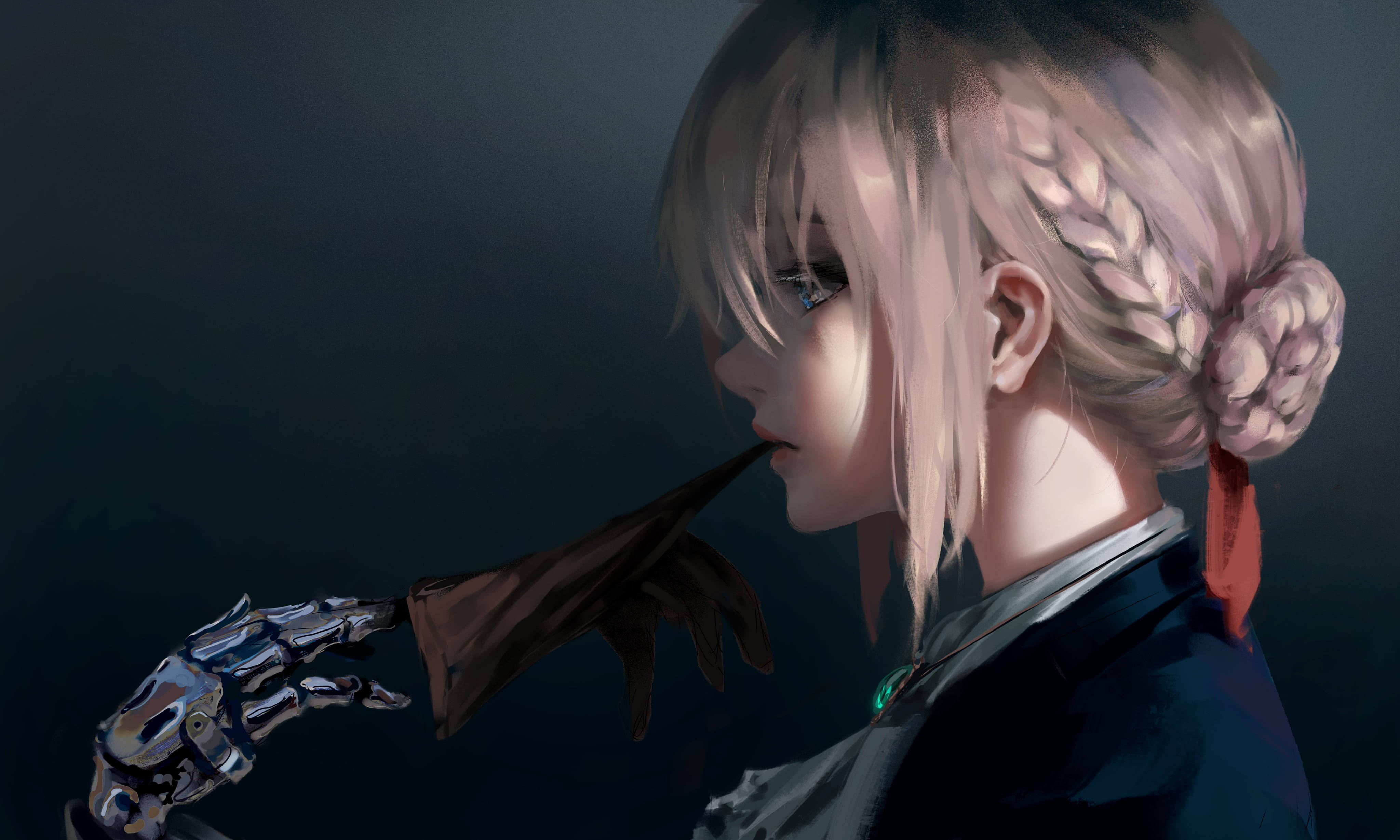 Anime Pc 桌布 壁紙 — 一個辮子頭髮的賽博格動漫女孩在陰暗的環境中將手套貼在嘴唇上。