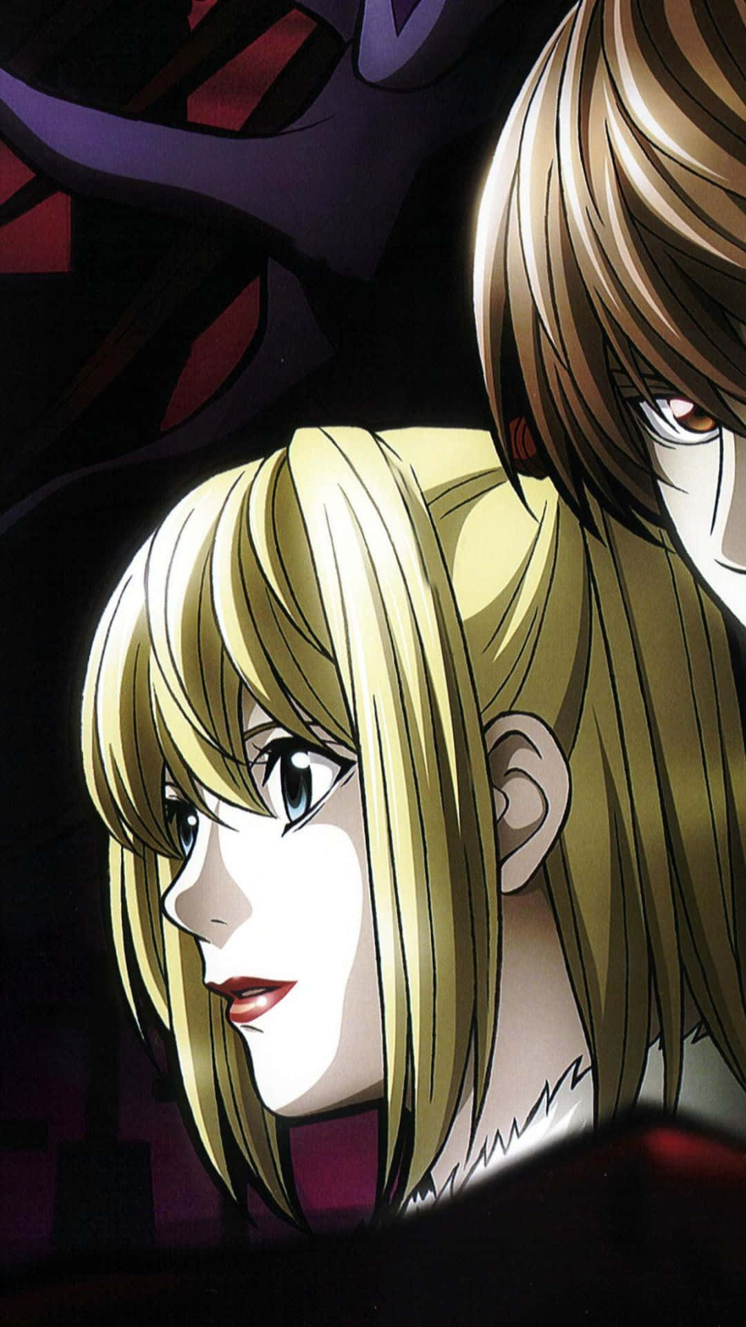 Death Note Mello 桌布 壁紙 — 一個近距離動漫場景，金髮藍眼女子和棕髮紅眼男子在深紫色背景前。