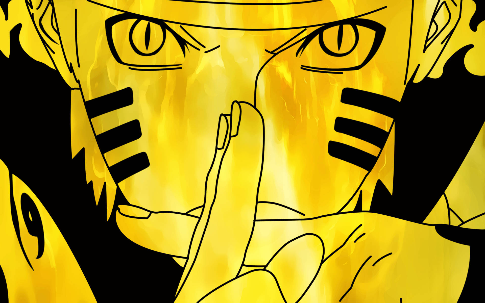 擁有發光黃色眼睛和火焰光環的動漫角色結手印。 — 1920x1200 GIF 壁紙