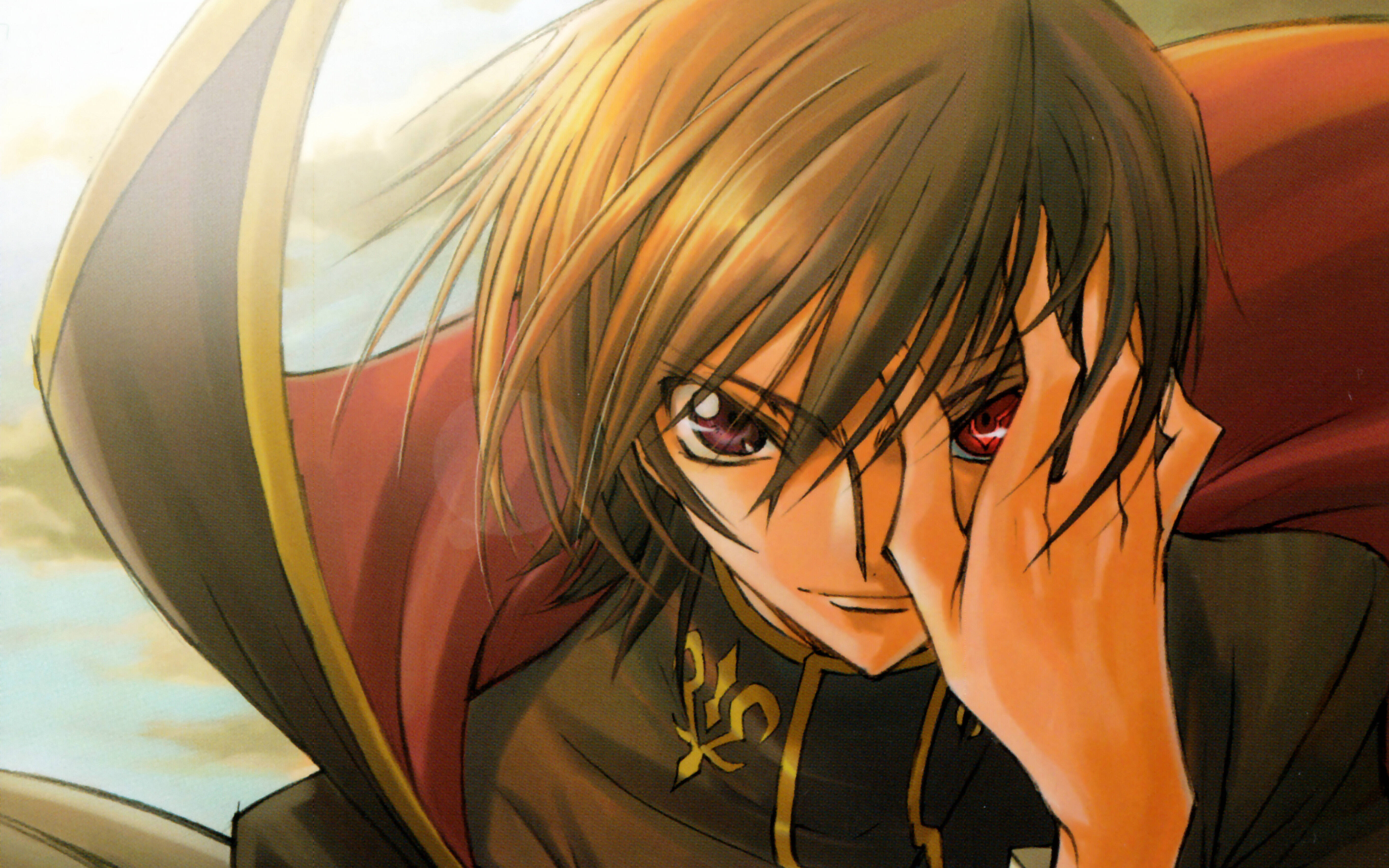 Lelouch 桌布 壁紙 — 一個近距離動漫角色，金色頭髮和紅色眼睛，用手部分遮住臉，背景是柔和天空。