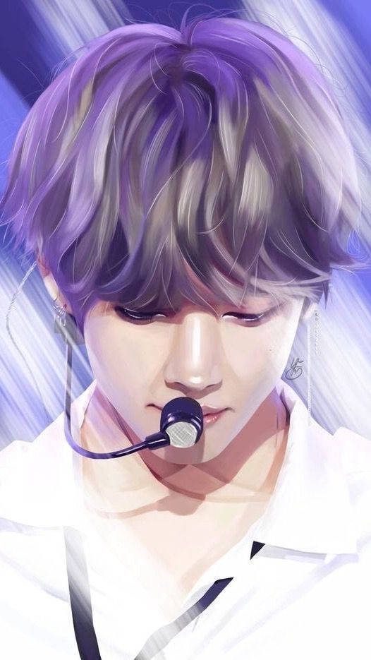 紫髮動漫歌手在舞台上用麥克風和藍色燈光表演。 — BTS 卡通 GIF 壁紙