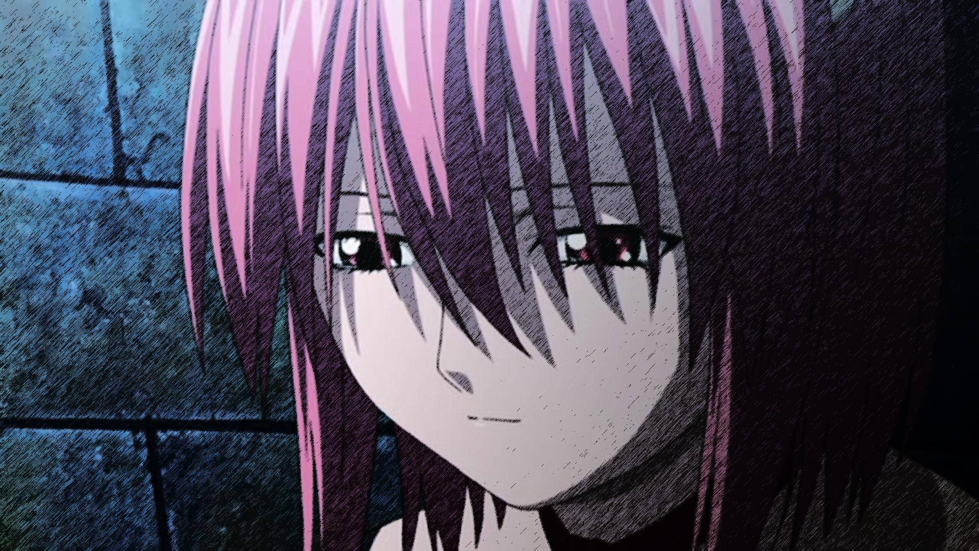 Elfen Lied 桌布 壁紙 — 一個近距離動畫女孩，粉紅色和深色頭髮，在昏暗燈光下凝視著紋理石牆。
