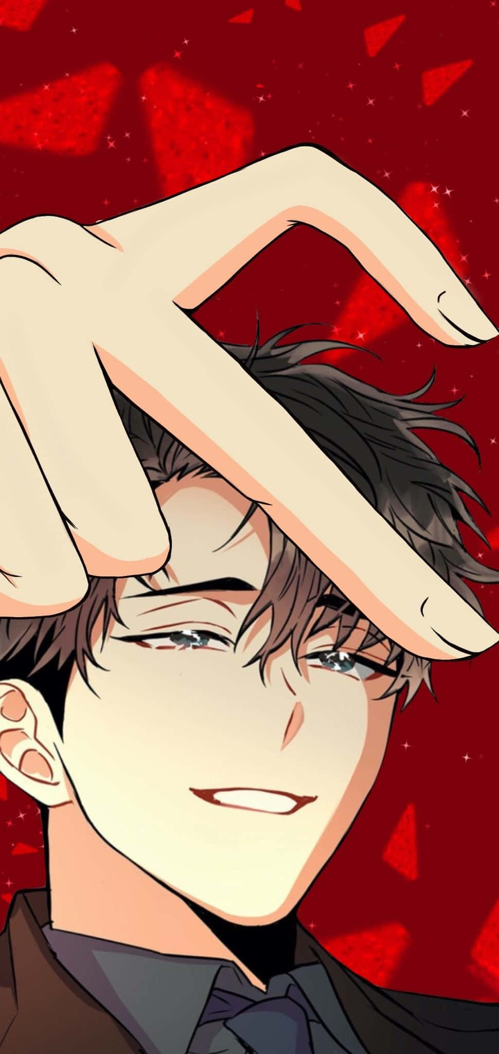 anime heart 桌布 壁紙 — 一個近距離動畫男性，深色頭髮，帶著冷笑，一隻手輕輕框住他的臉，背景是鮮紅色並有浮動的三角形。