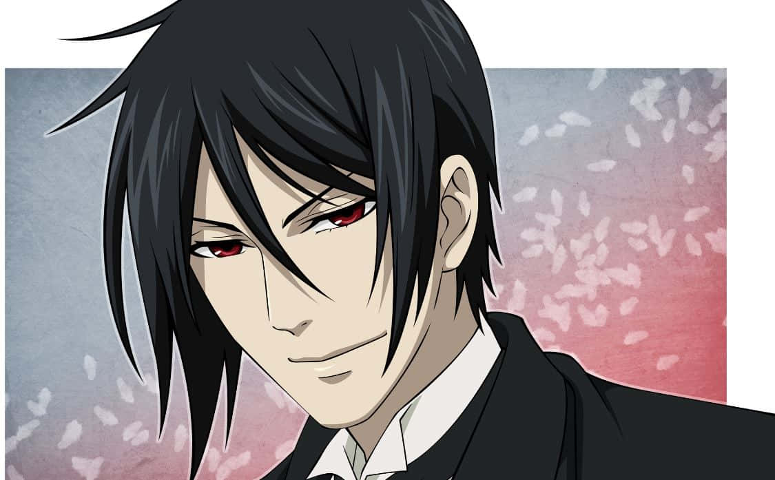 sebastian michaelis 桌布 壁紙 — 一個近距離動畫肖像，一個黑髮紅眼的男人穿著西裝，背景是櫻花。