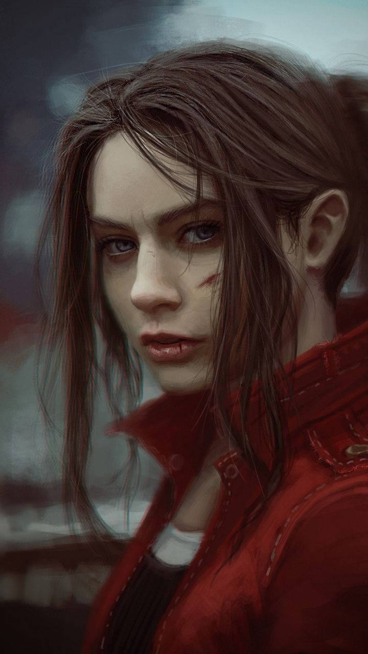evil 桌布 壁紙 — 一個近距離拍攝的女人，濕透的棕色頭髮和紅色外套，在模糊的背景前強烈地凝視著觀眾。