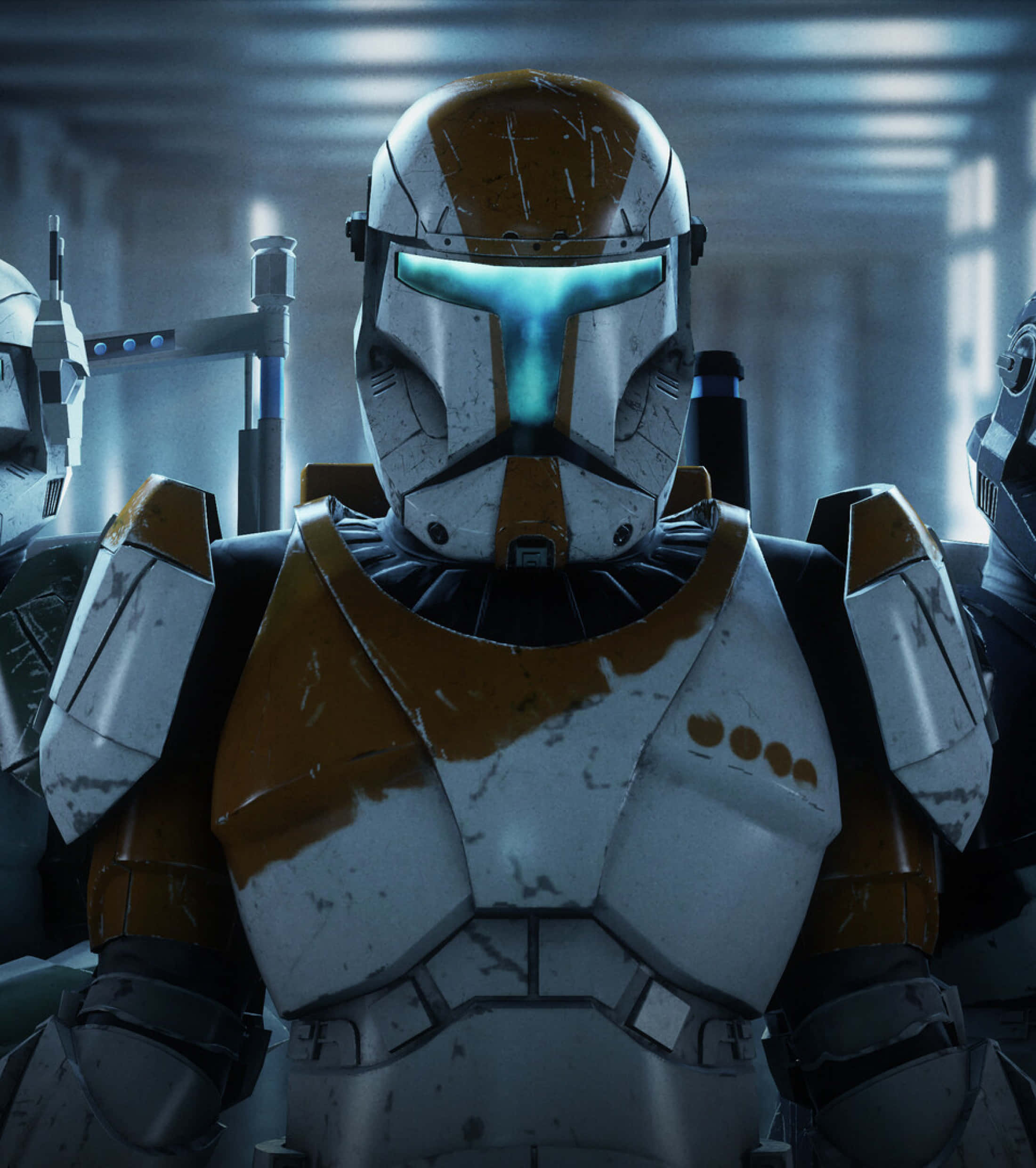 Republic Commando 桌布 壁紙 — 一個近距離拍攝的戰鬥磨損的克隆人突擊兵，帶有發光藍色護目鏡，站在昏暗的未來風格走廊中。