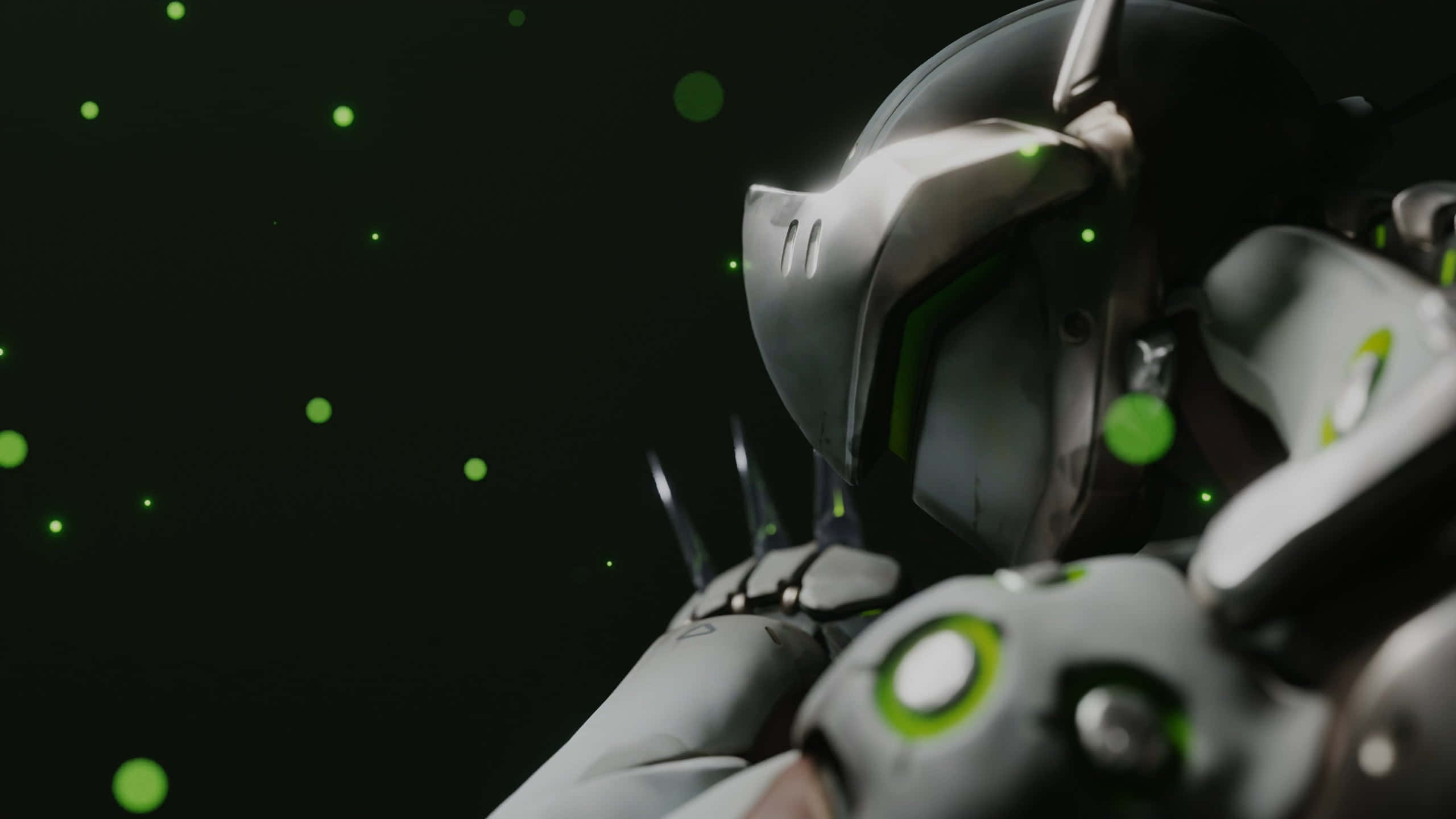 Overwatch Genji 桌布 壁紙 — 一個近距離拍攝的未來風格裝甲機器人，帶有發光的綠色點綴，背景是深色並點綴著漂浮的綠色球體。