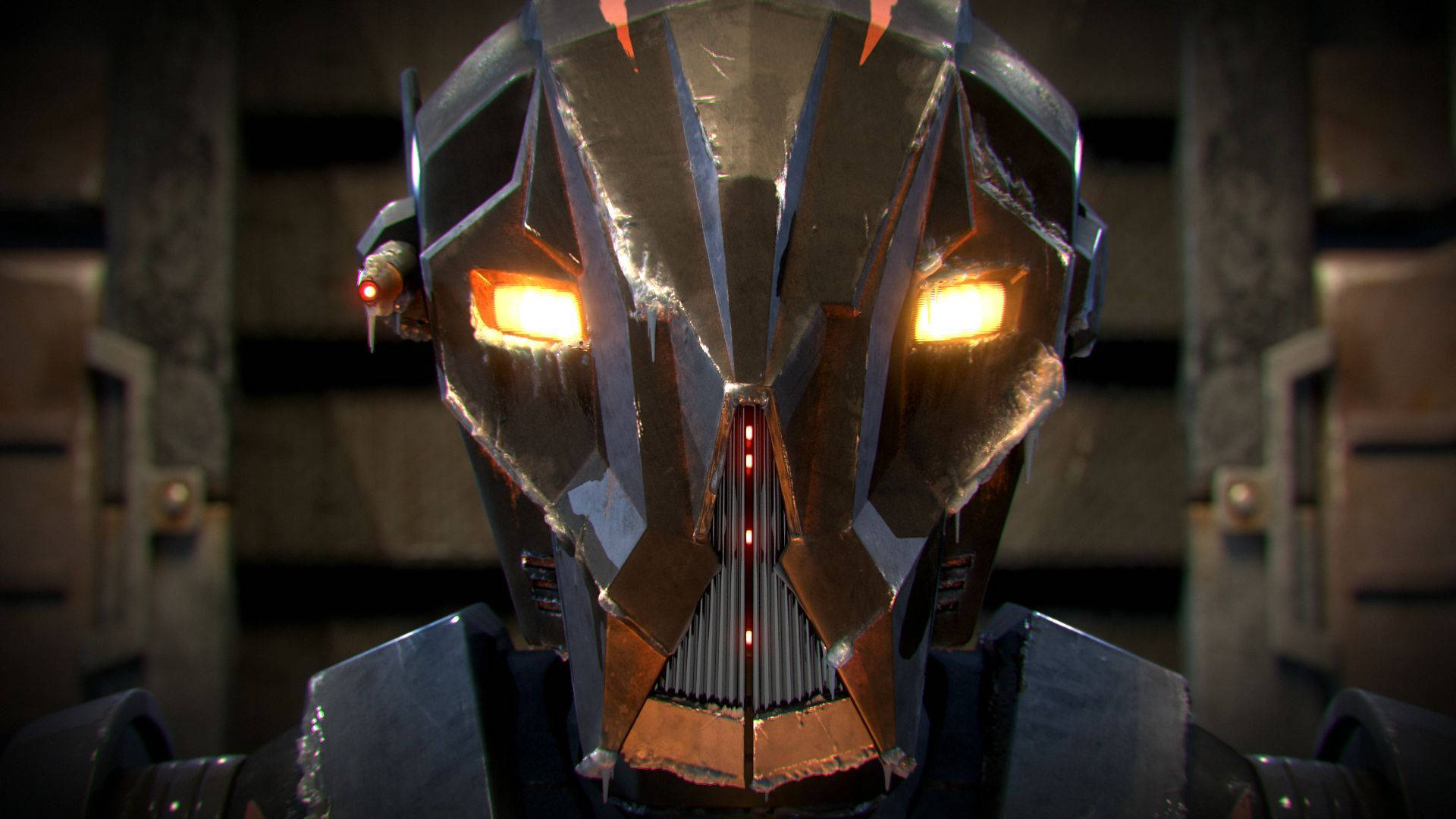 Swtor 桌布 壁紙 — 一個近距離拍攝的機器人臉，帶有發光的橙色眼睛和紅色點綴，處於昏暗的工業環境中。