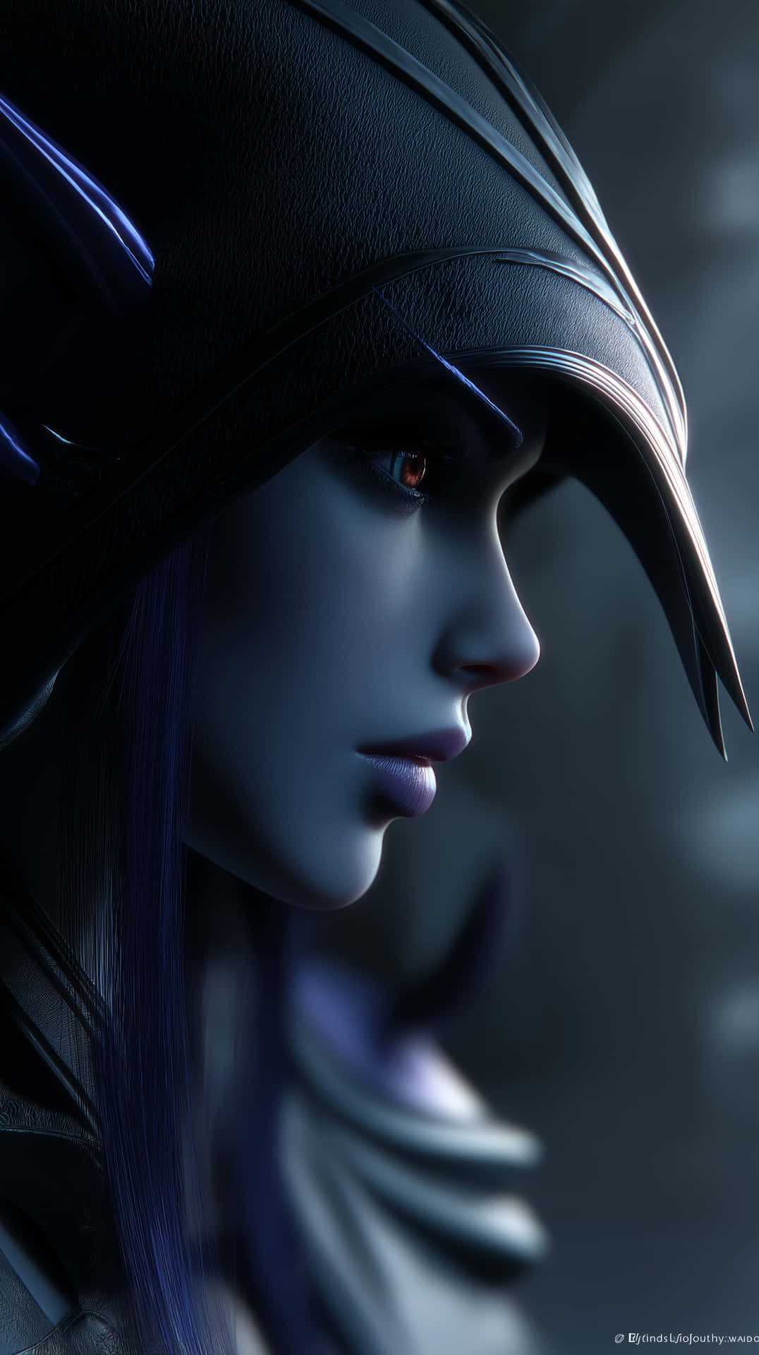 Mysterious Enchantress with Glowing Eyes and Regal Headdress 壁紙 — 一個近距離拍攝的賽博龐克戰士，戴著時尚的黑色頭盔，帶有發光的藍色點綴和發光的紅色眼睛，背景陰暗而富有氣氛。