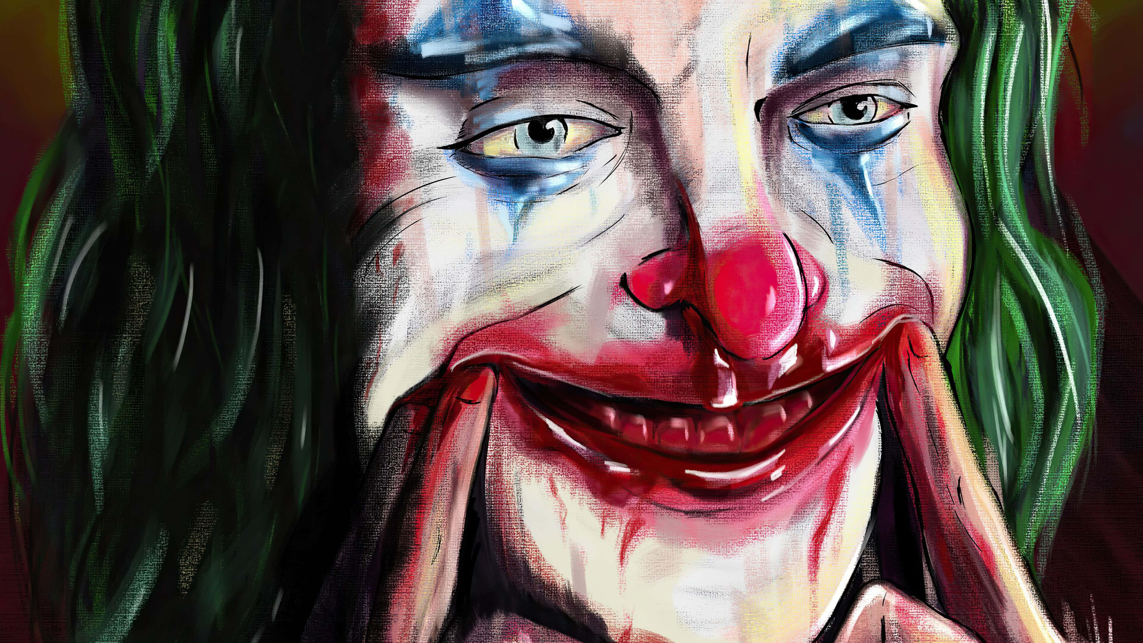 Joker Painting 桌布 壁紙 — 一個近距離數位繪畫，描繪一個帶有綠色頭髮、紅色嘴唇和化妝暈染的可怕小丑，露出邪惡的笑容。