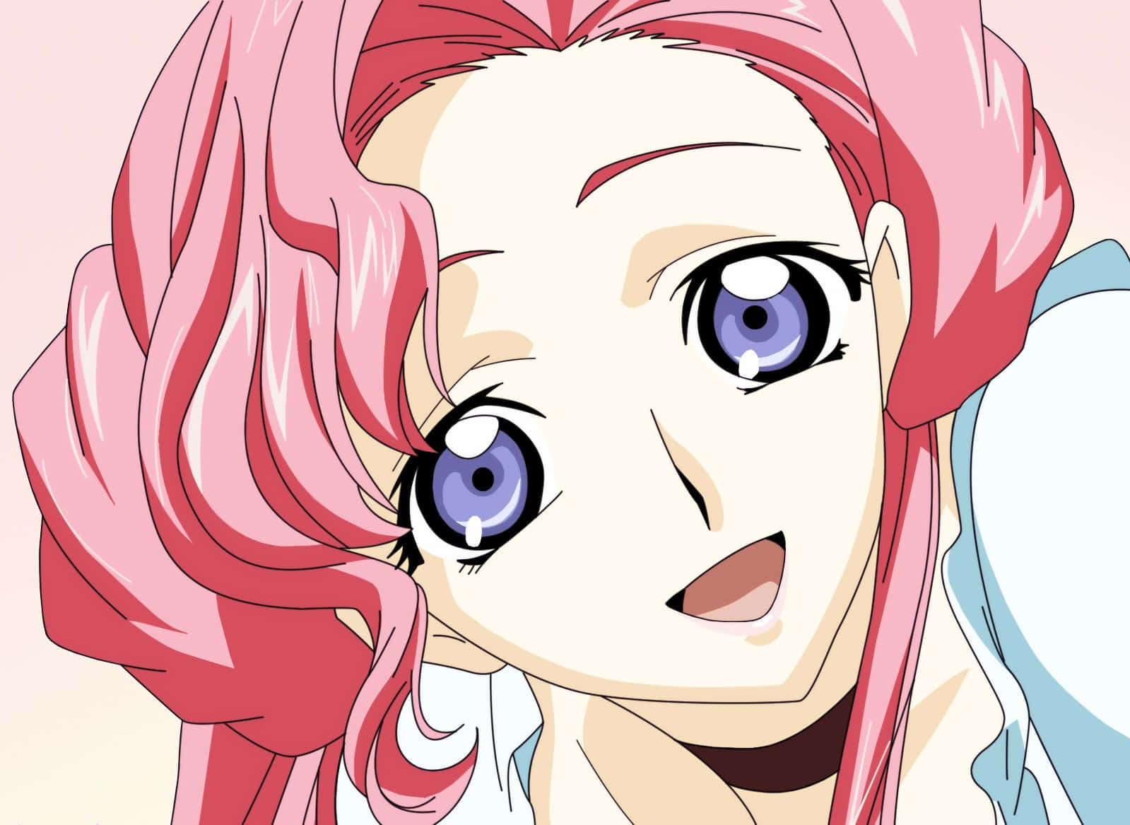 Euphemia Li Britannia 桌布 壁紙 — 一個近距離的動漫女孩，擁有充滿活力的粉紅色頭髮和引人注目的藍色眼睛，帶著富有表現力的驚訝表情向前凝視。