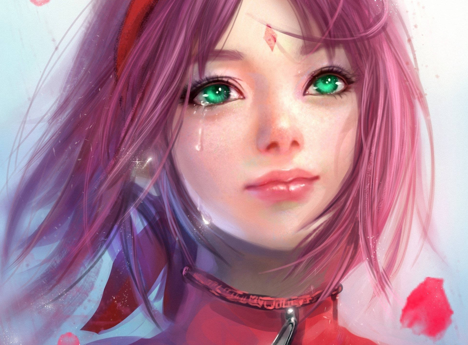 Sakura Haruno 桌布 壁紙 — 一個近距離的動漫女孩，擁有充滿活力的紫色頭髮和發光的綠色眼睛，在柔和的粉彩背景前流下一滴眼淚。