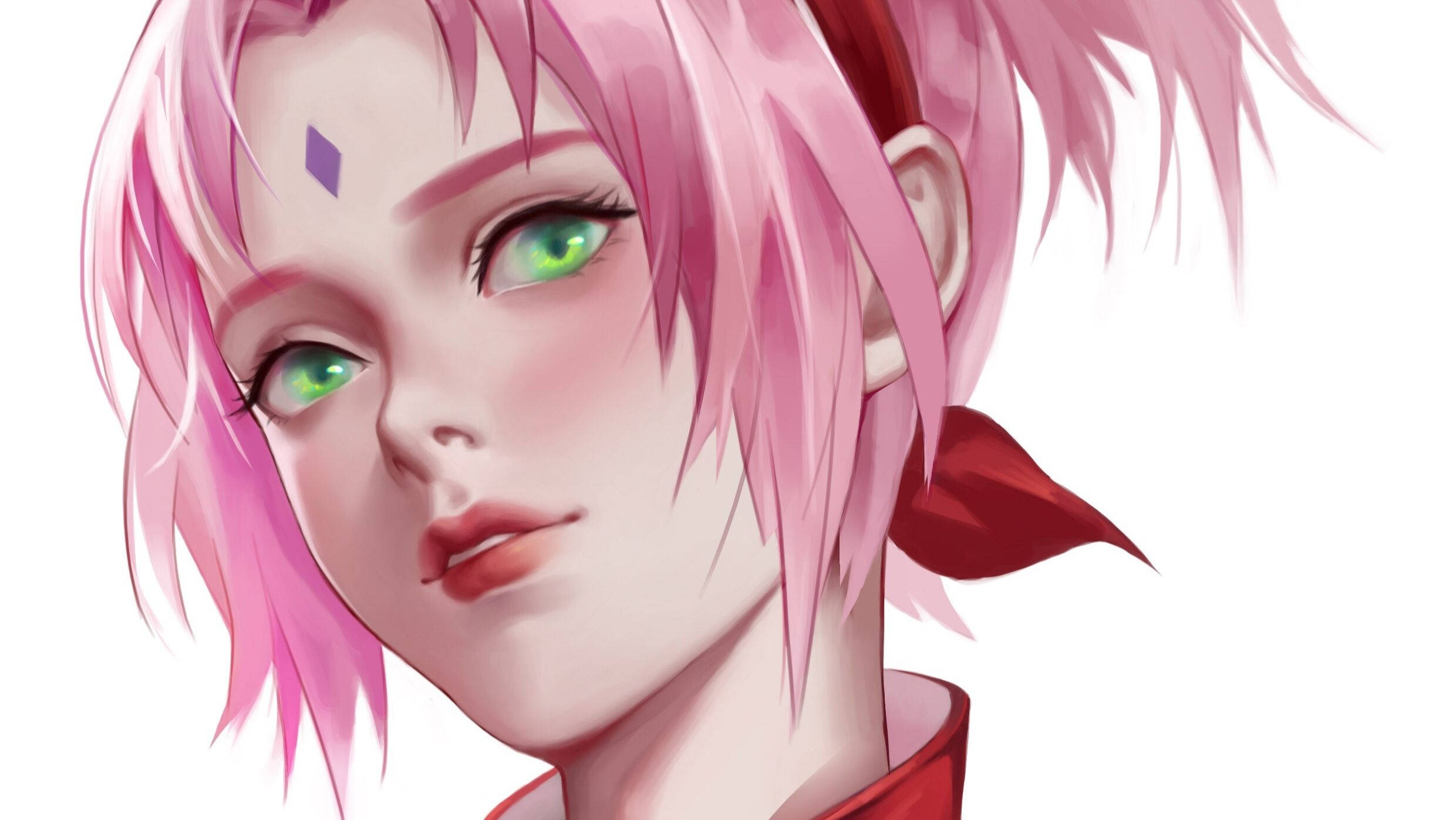 Sakura Haruno 桌布 壁紙 — 一個近距離的動漫女孩，擁有充滿活力的粉紅色頭髮和發光的綠色眼睛，在純白色背景上柔和地凝視。