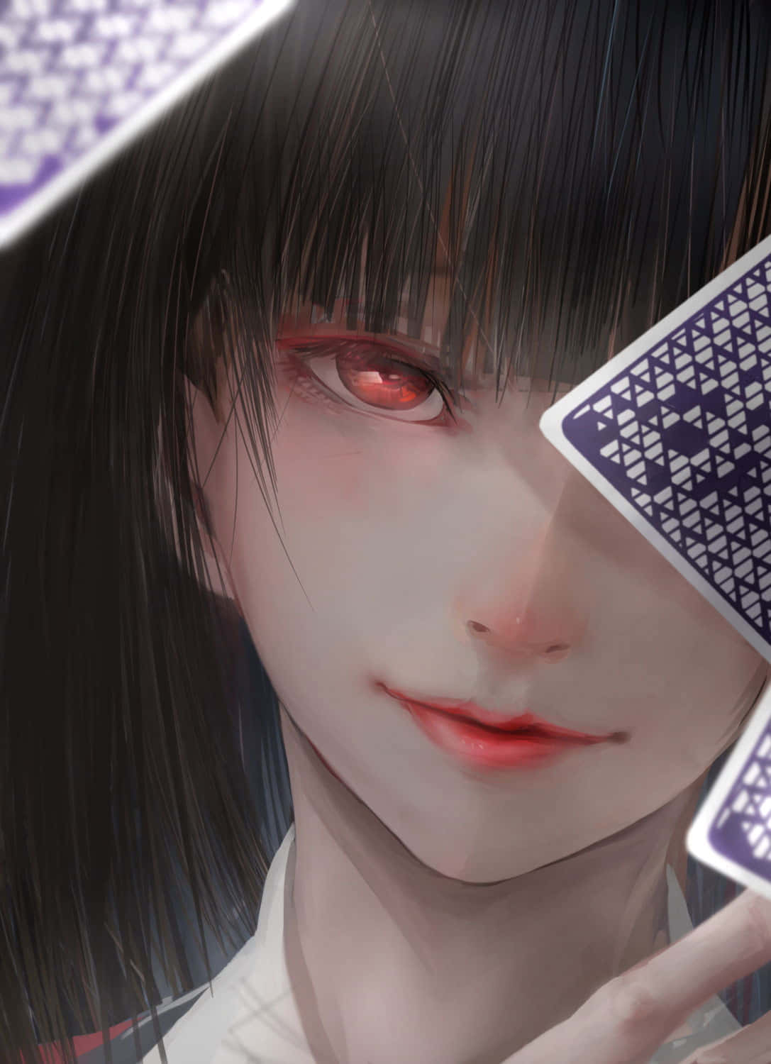 動漫 桌布 壁紙 — 一個近距離的動漫女孩，擁有發光的紅眼睛和黑髮，將撲克牌靠近她的臉。