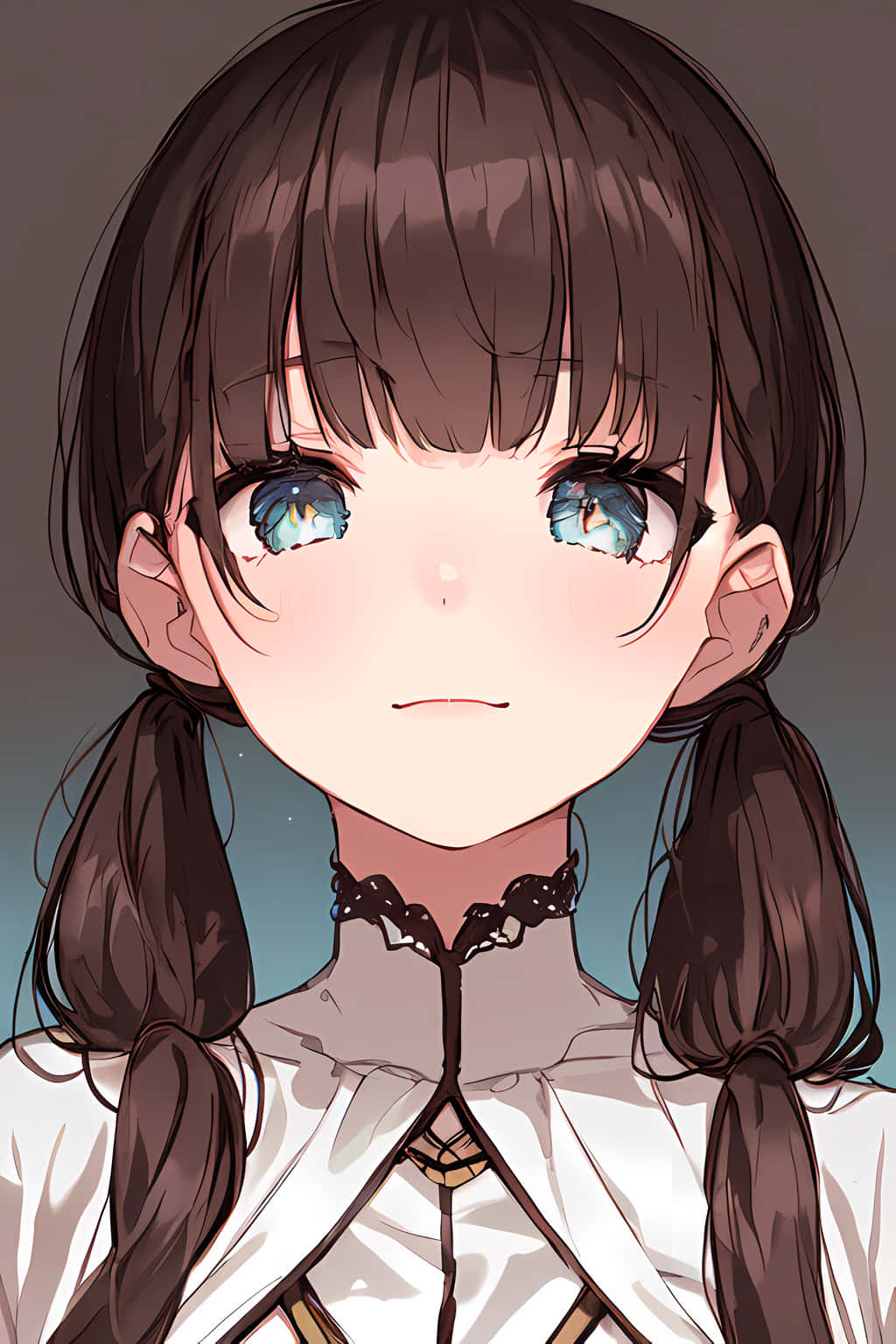 Cute Girl 桌布 壁紙 — 一個近距離的動漫女孩，棕色雙馬尾，發光的藍色眼睛，穿著白色蕾絲領襯衫，溫柔地凝視著觀眾。