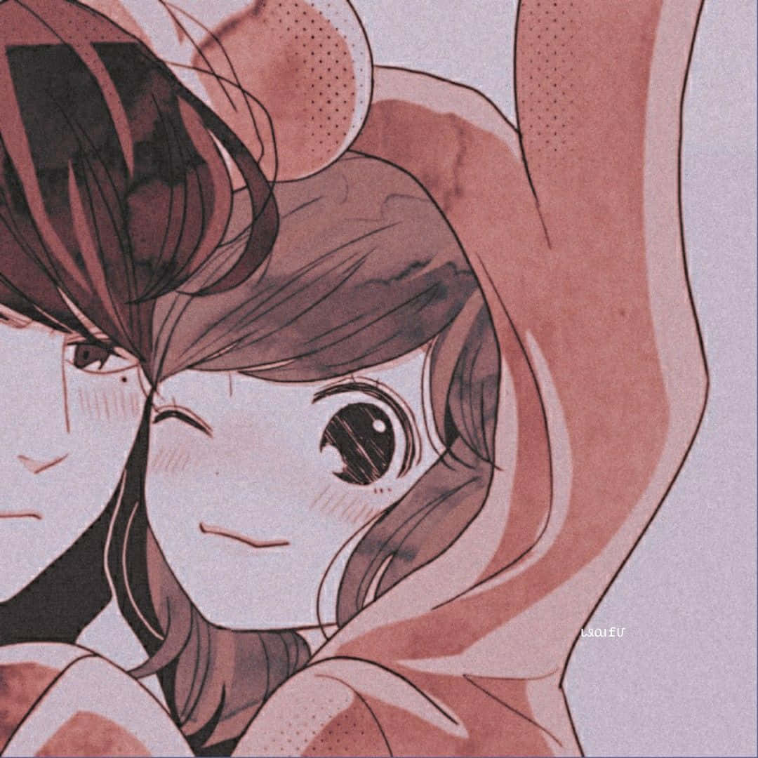 動漫女孩 桌布 壁紙 — 一個近距離的動漫女孩，棕色頭髮，穿著連帽衫，俏皮地眨眼，而另一個角色在看著。