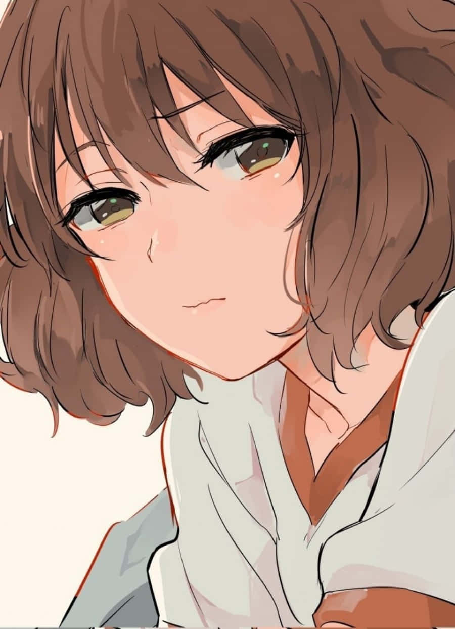Sad Aesthetic Anime 桌布 壁紙 — 一個近距離的動漫女孩，棕色頭髮和溫暖的眼睛，溫柔地微笑著。