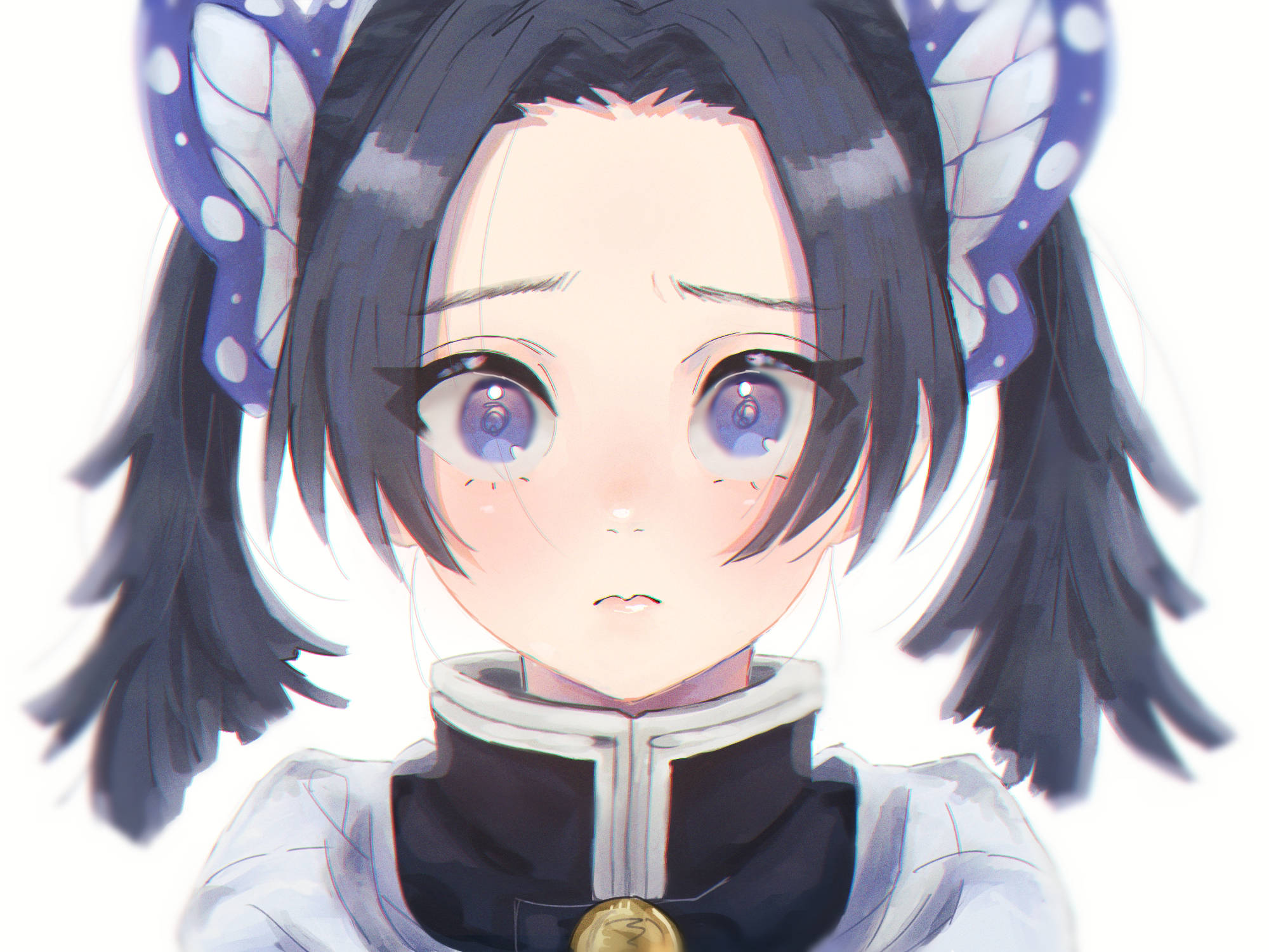 aoi kanzaki 桌布 壁紙 — 一個近距離的動漫女孩，深色頭髮和蝴蝶翅膀，在明亮的白色背景上溫柔地凝視。
