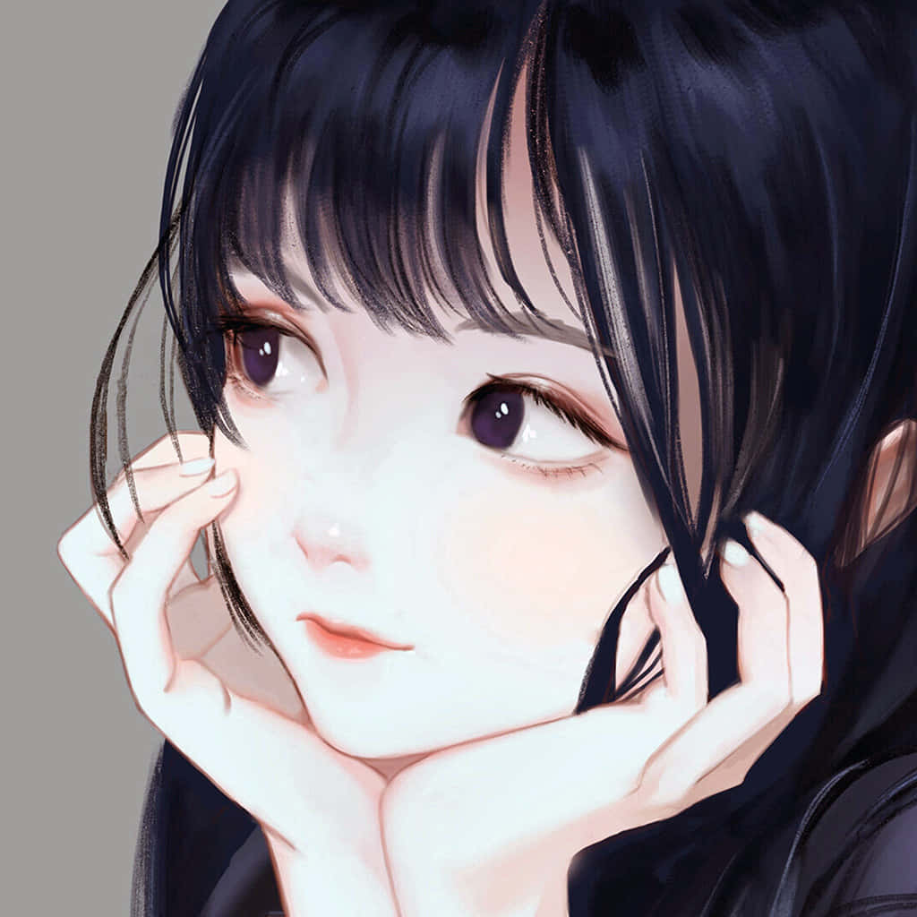 Cute Girl 桌布 壁紙 — 一個近距離的動漫女孩，深色頭髮和紫色眼睛，雙手輕輕托著臉頰，背景是柔和的灰色。