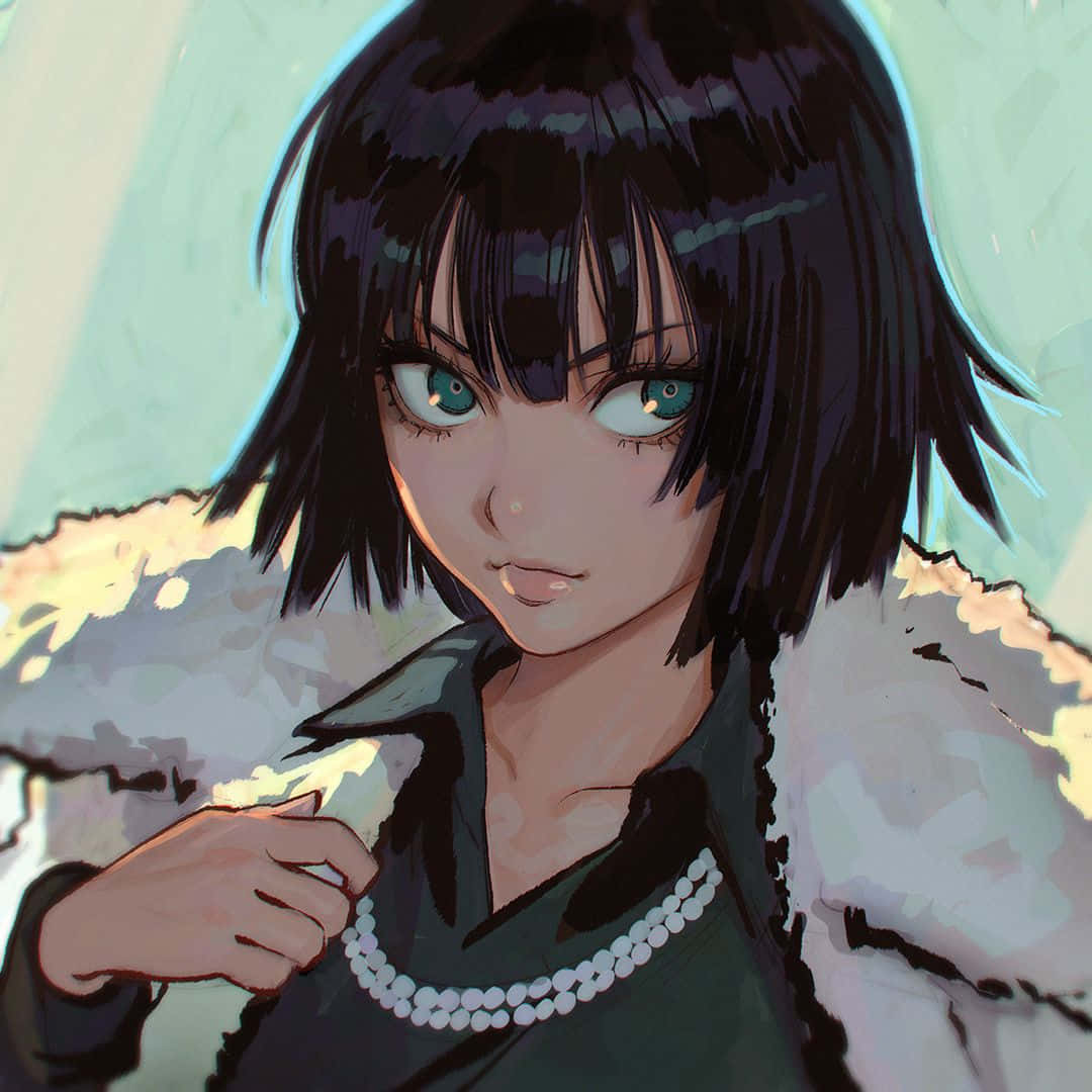 Hellish Blizzard 桌布 壁紙 — 一個近距離的動漫女孩，短黑髮和引人注目的藍綠色眼睛，戴著珍珠項鍊和一件有白色毛領的深色外套。