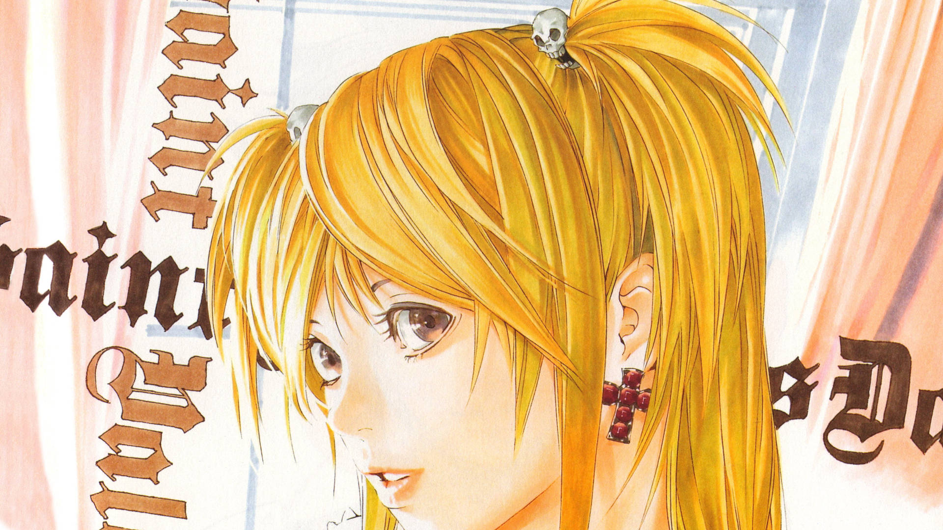 Misa 桌布 壁紙 — 一個近距離的動漫女孩，金色雙馬尾和骷髏髮夾，在華麗文字和溫暖光線的背景下溫柔凝視。
