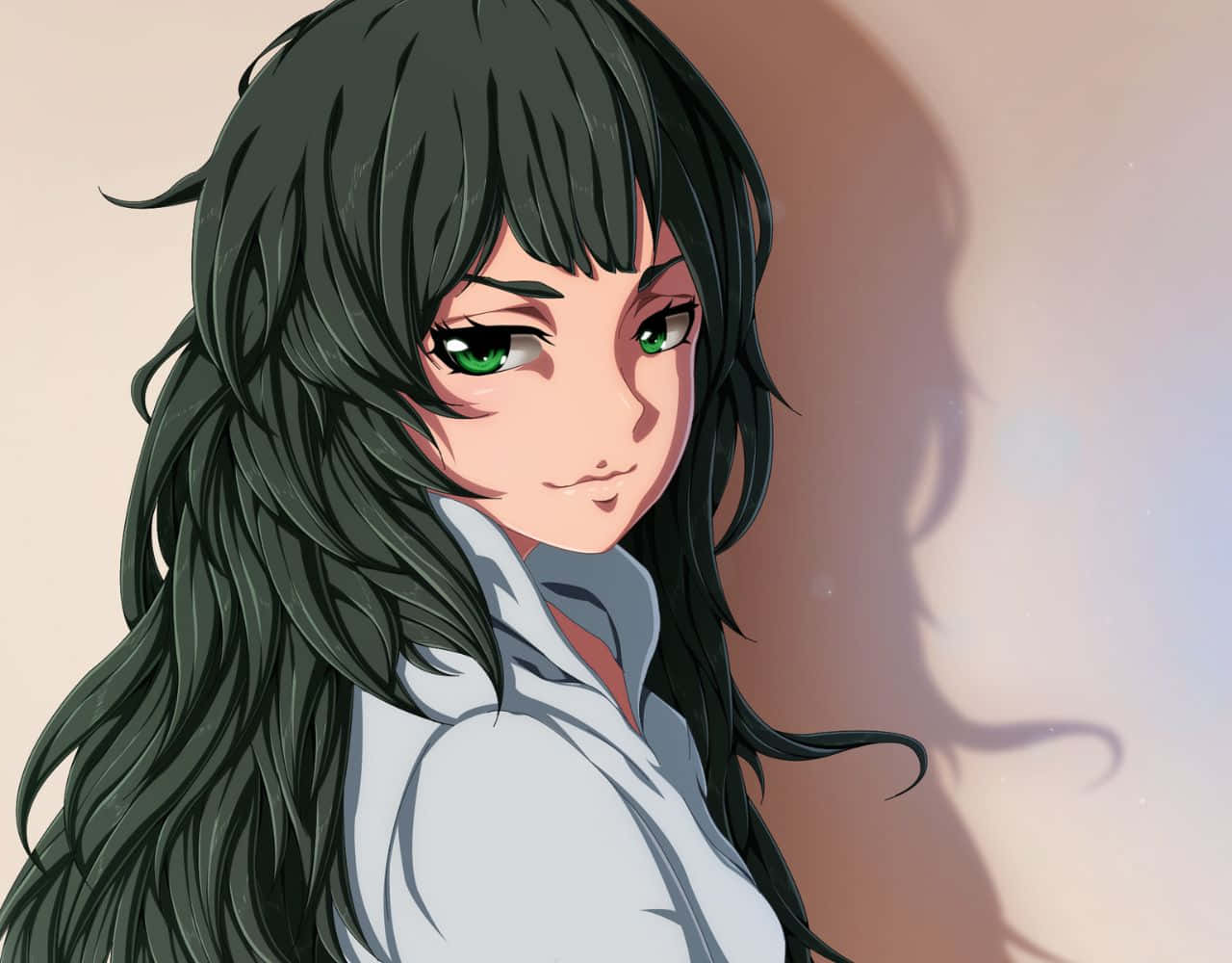 Maho Hiyajo 桌布 壁紙 — 一個近距離的動漫女孩，長著深色長髮和引人注目的綠色眼睛，溫柔地凝視著，身穿白色襯衫。