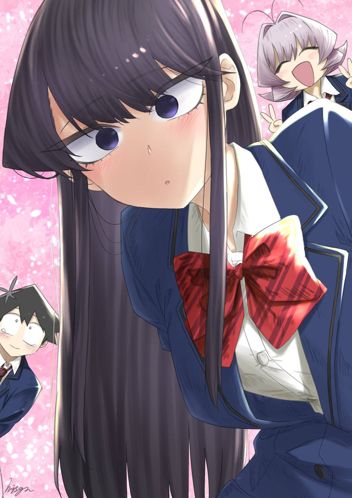 動漫女孩 桌布 壁紙 — 一個近距離的動漫女孩，長長的黑髮和紅色蝴蝶結穿著校服，臉紅低頭，兩個同學從旁邊偷看，背景是粉紅色的櫻花。
