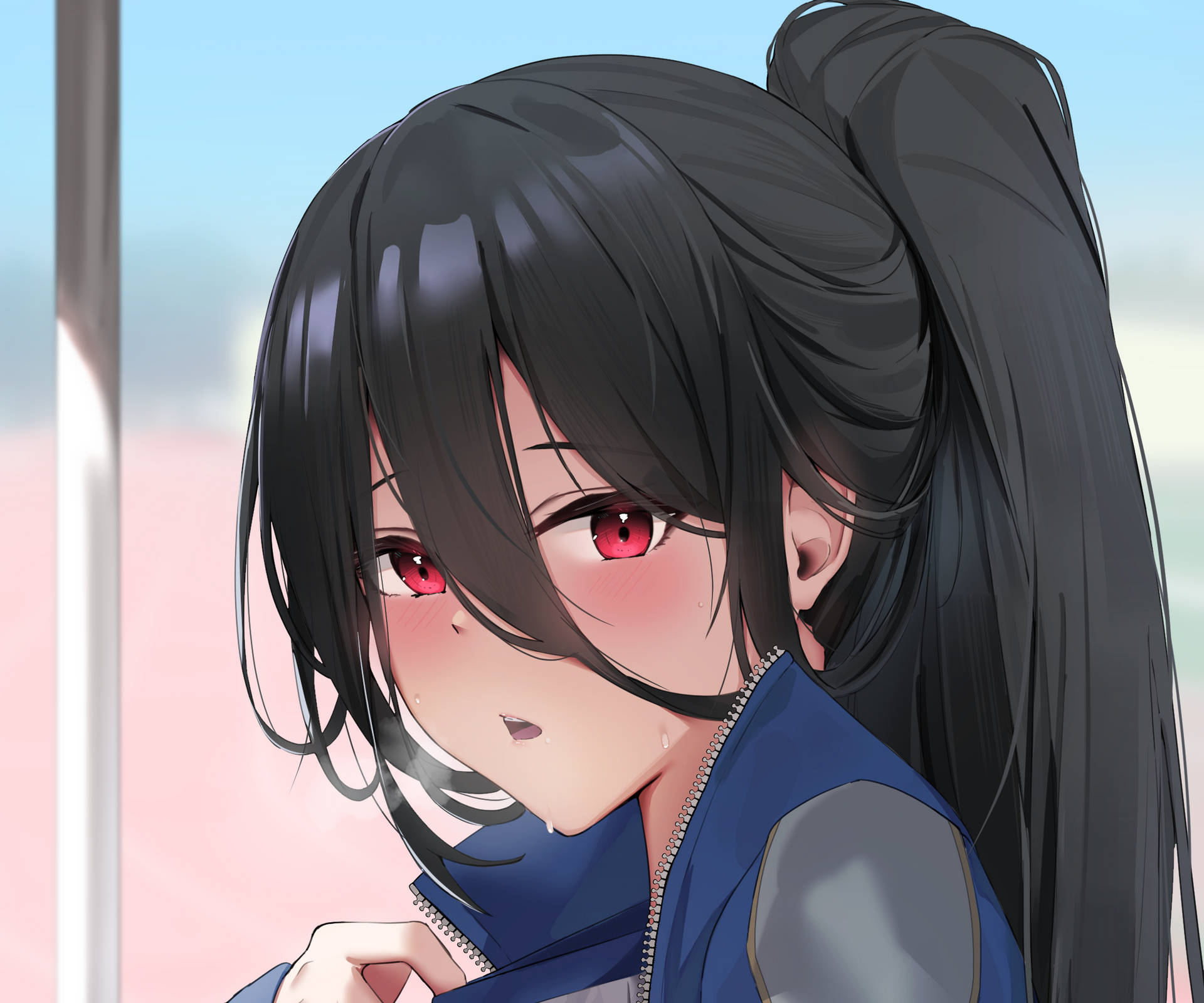 動漫女孩，黑髮紅眼，穿著藍色外套，害羞地回頭看。 — 電玩遊戲 GIF 壁紙