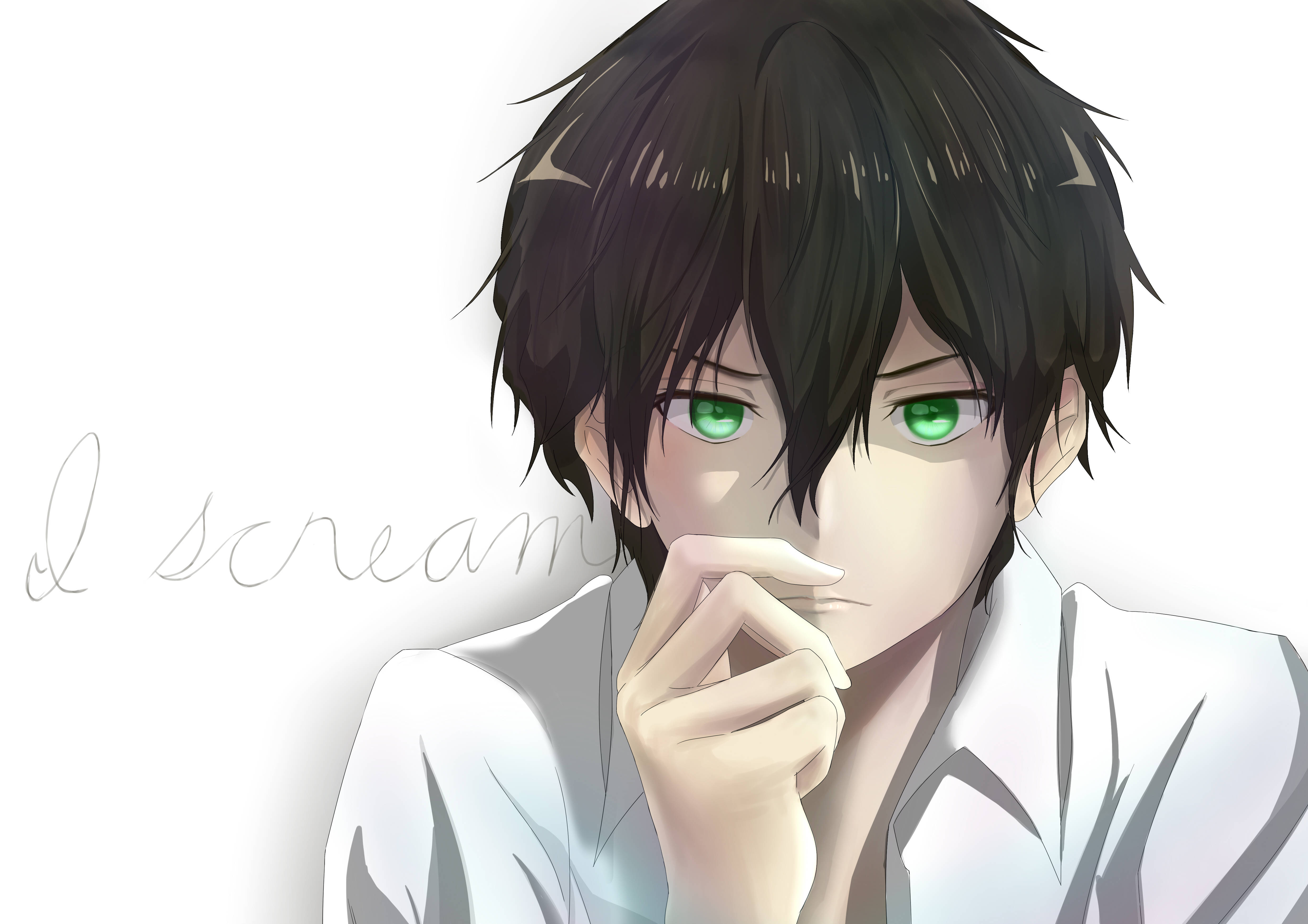 Oreki Houtarou 桌布 壁紙 — 一個近距離的動漫男孩，擁有充滿活力的綠色眼睛和深色頭髮，穿著白色襯衫，手靠近嘴巴，若有所思地凝視著。