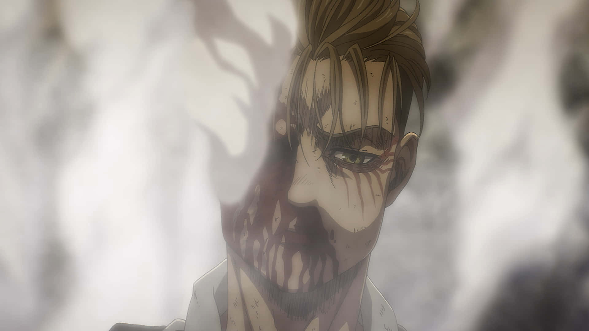 Attack On Titan Season 3 桌布 壁紙 — 一個近距離的動漫肖像，一個男人的臉上滴著血，背景是煙霧般的灰色。