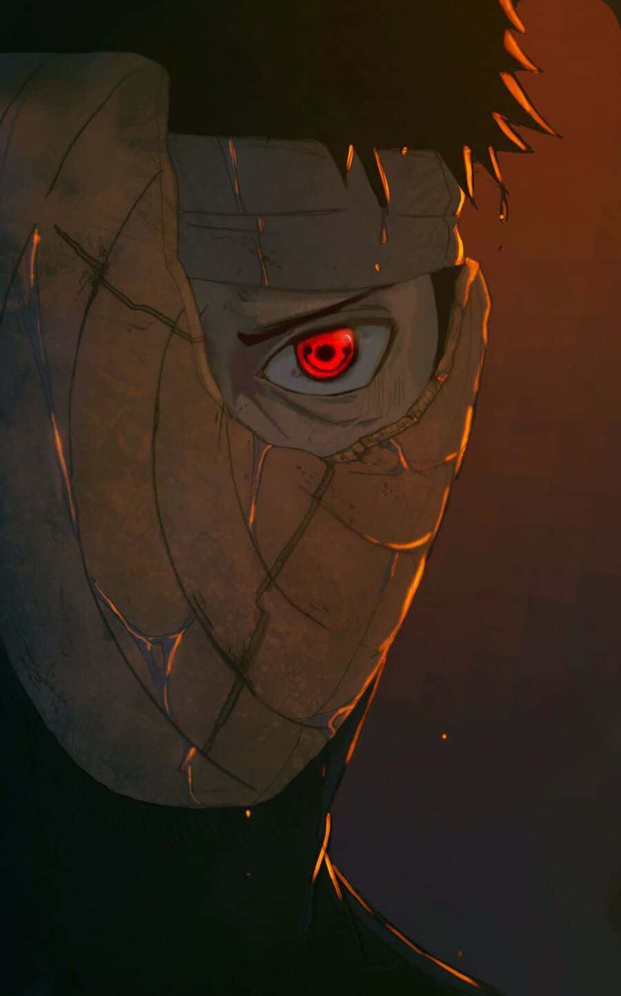 Obito Aesthetic 桌布 壁紙 — 一個近距離的動漫角色，戴著破裂的面具，在溫暖的橙色燈光下閃爍著紅色的眼睛。