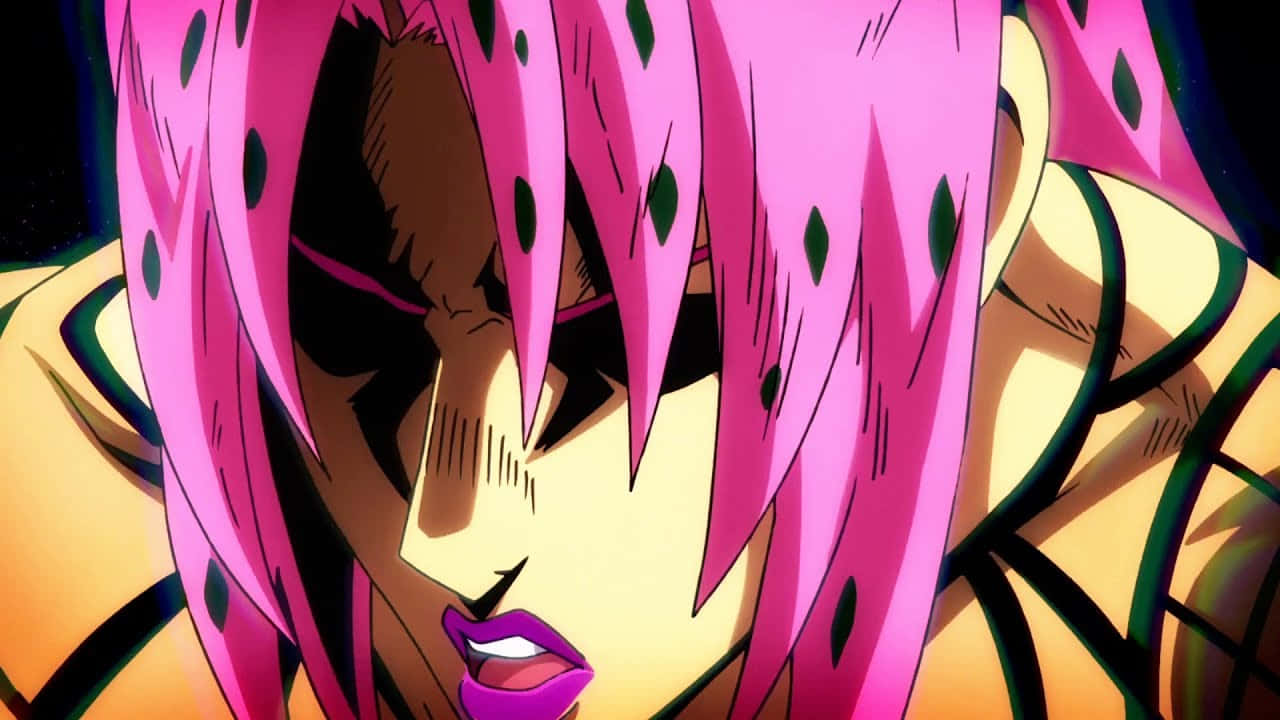 Jojo's Bizarre Adventure Diavolo 桌布 壁紙 — 一個近距離的動漫角色，擁有充滿活力的粉紅色頭髮和強烈的表情，背景為深色。