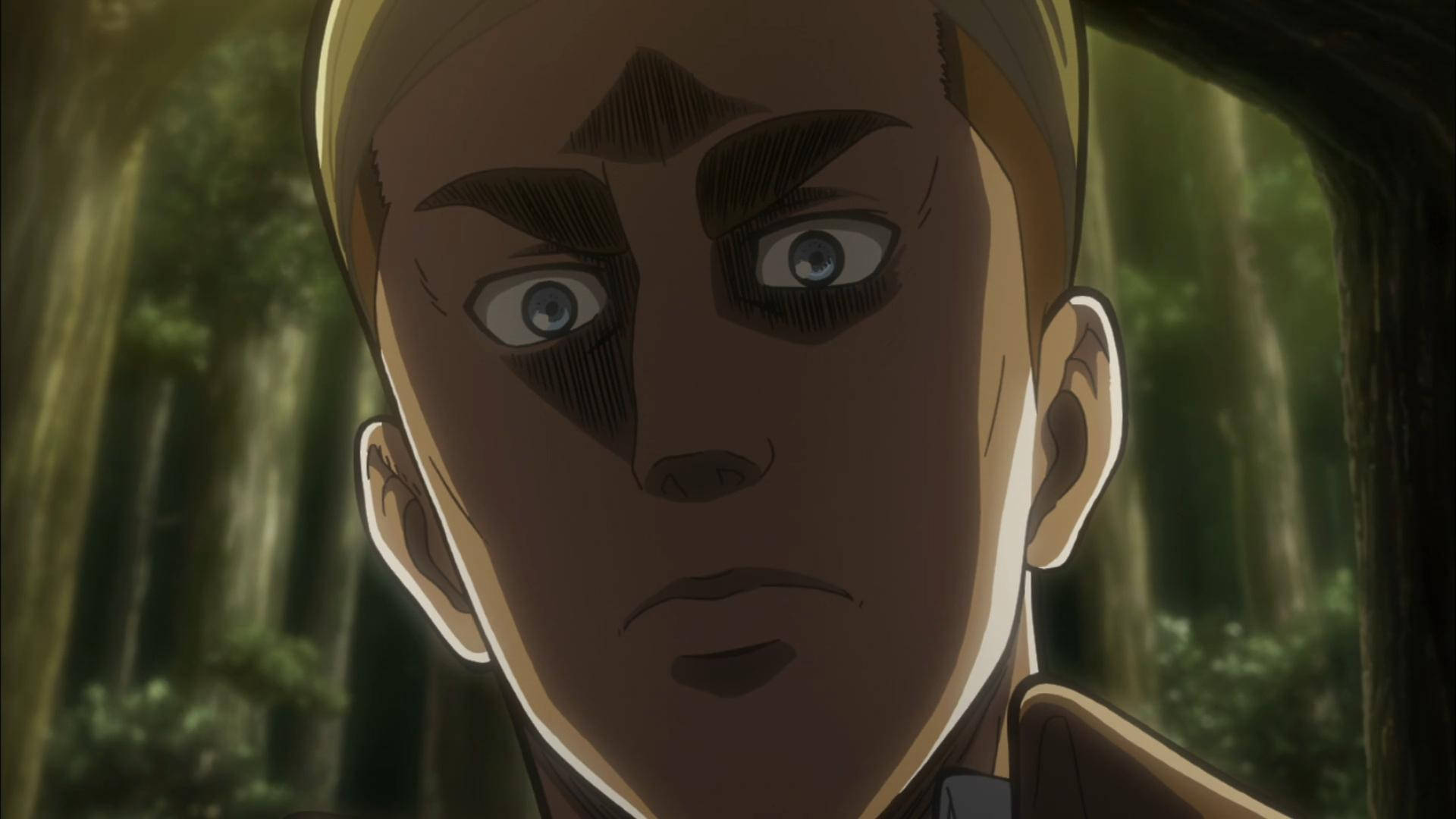 Erwin 桌布 壁紙 — 一個近距離的動漫角色，擁有寬大的藍色眼睛和嚴肅的表情，站在陽光普照的森林中。